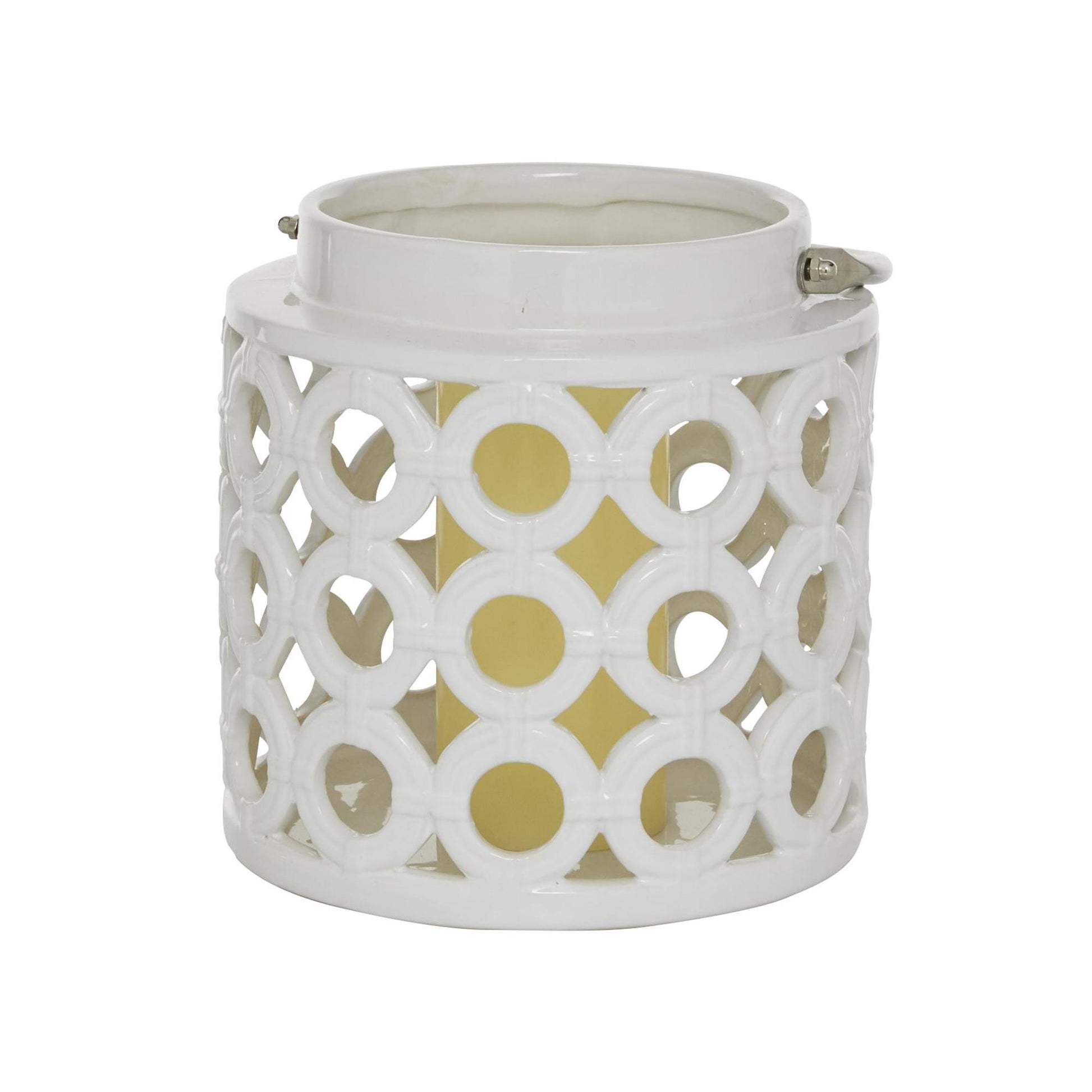 White Ceramic Circles Decorative Indoor Outdoor Candle Lantern with Cut Out Design