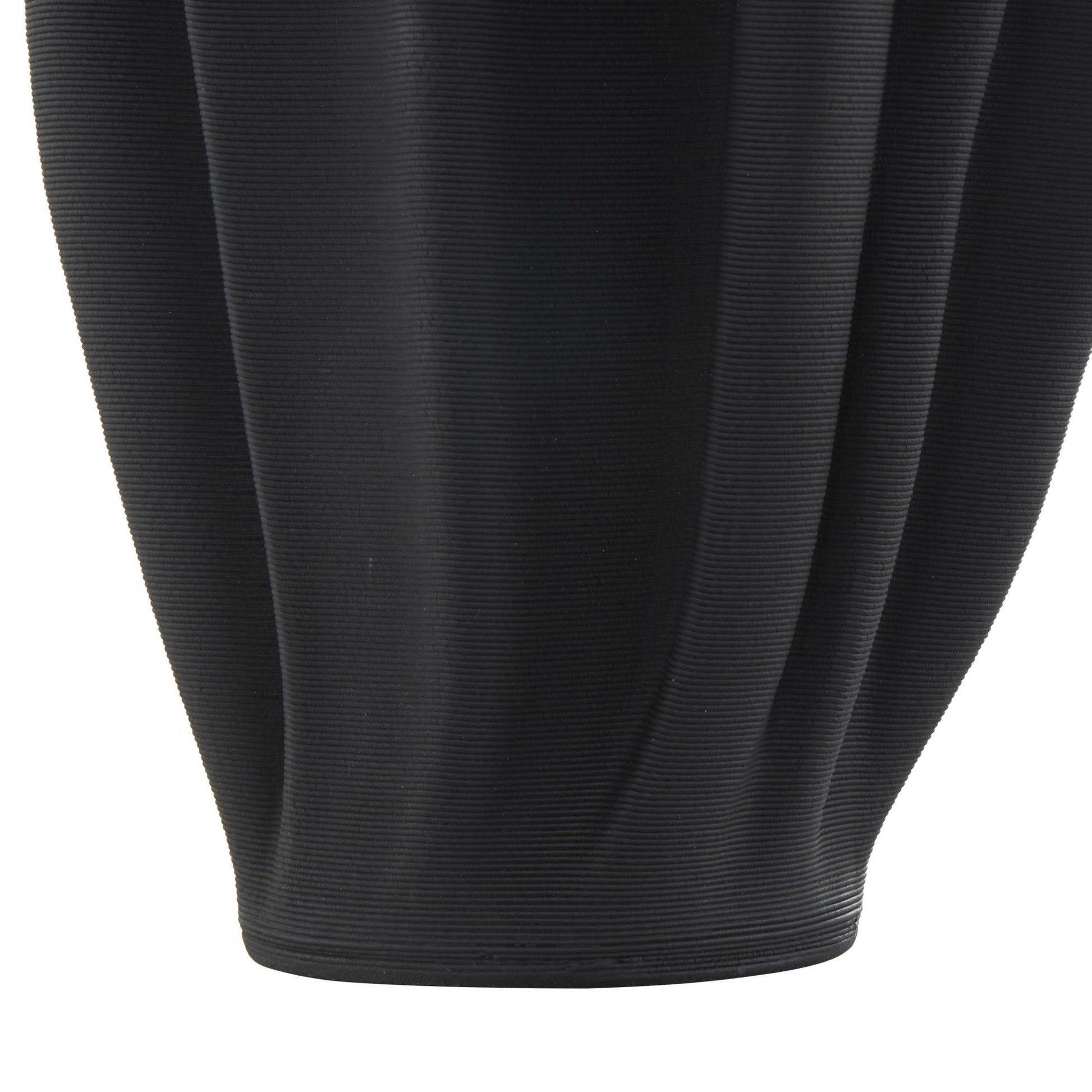 Abstract Black Ceramic Dimensional Ribbed Tulip Decorative Vase with Angular Rim