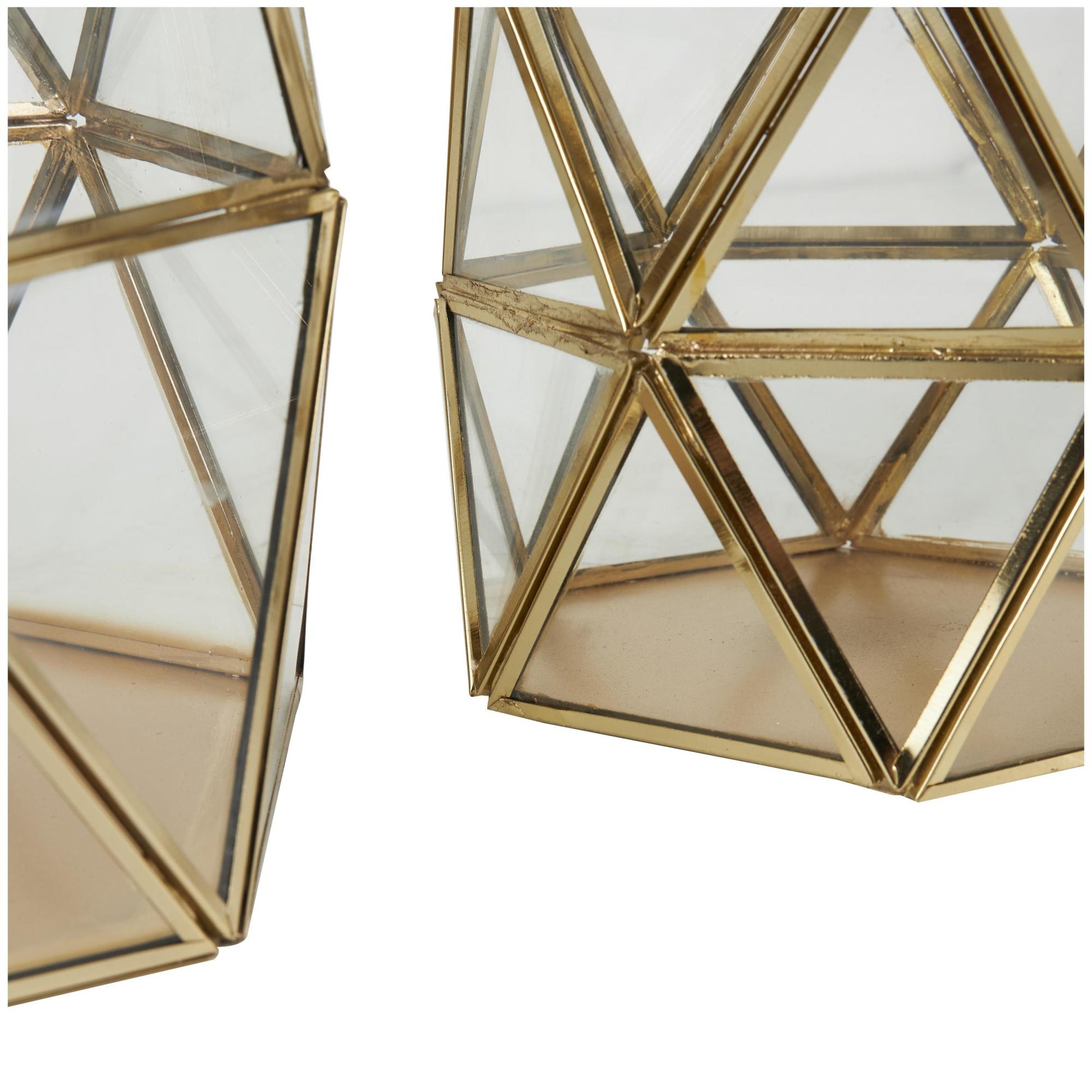 CosmoLiving by Cosmopolitan Set of 3 Geometric Gold Metal Diamond Patterned Hexagon Indoor Outdoor Candle Lantern