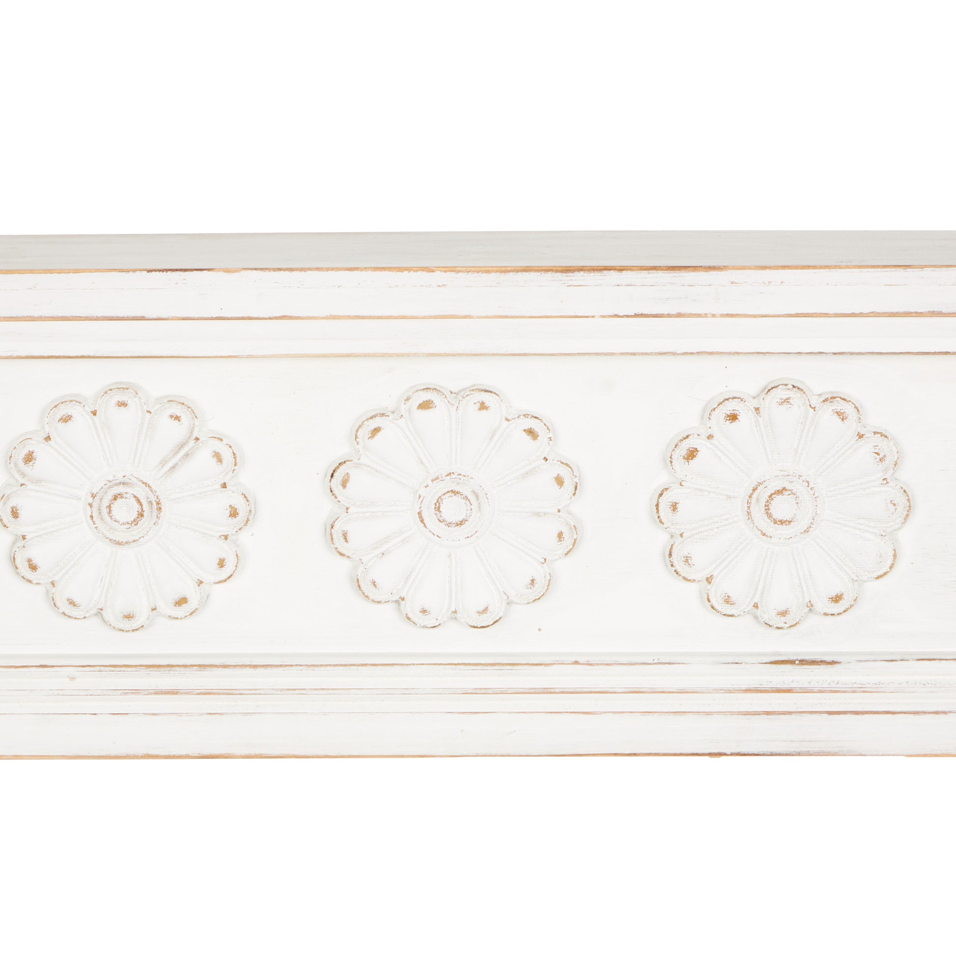 Floral White Wooden Room Wall Shelf with Brown Distressing
