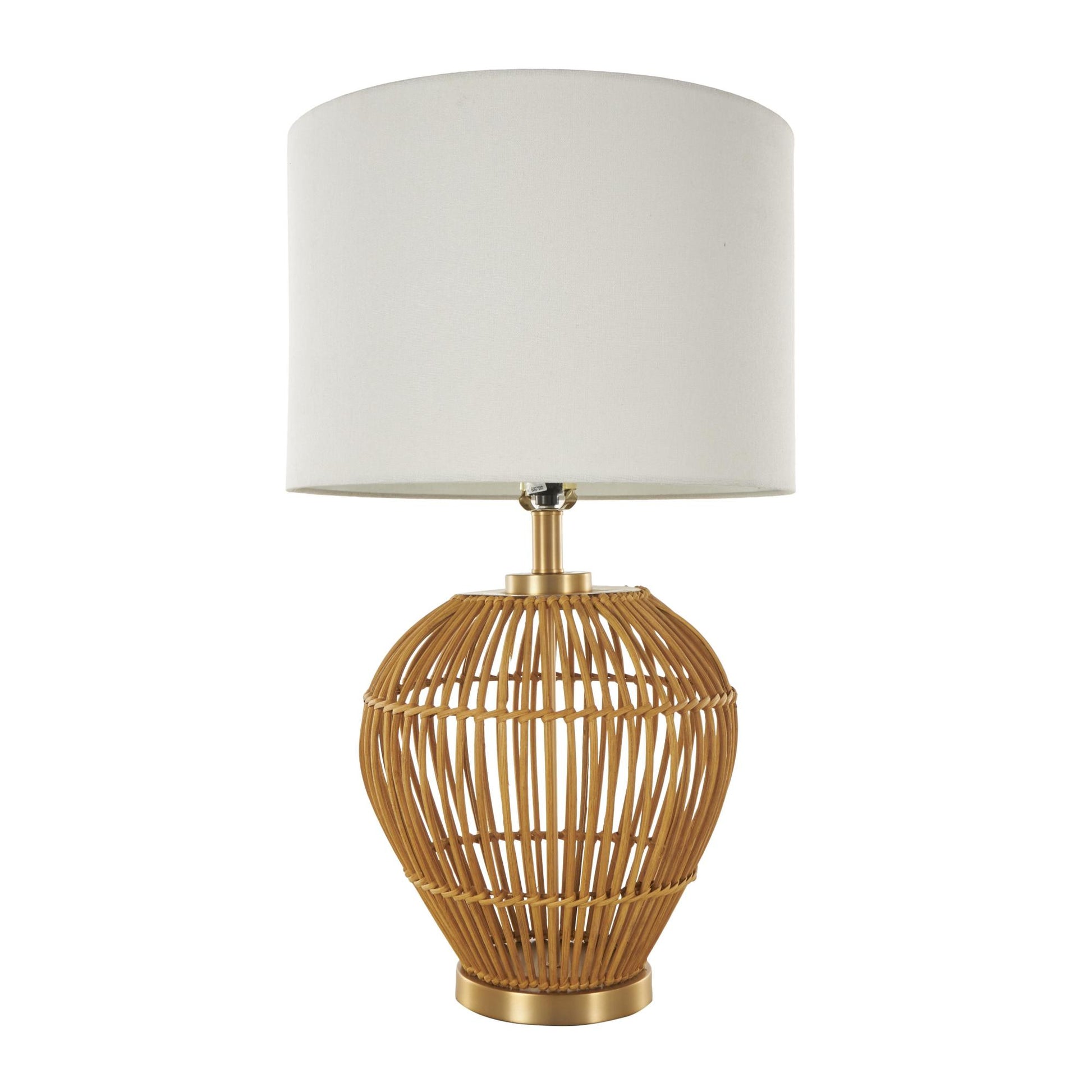 Brown Rattan Handmade Woven Open Frame Room Table Lamp with Gold Accents