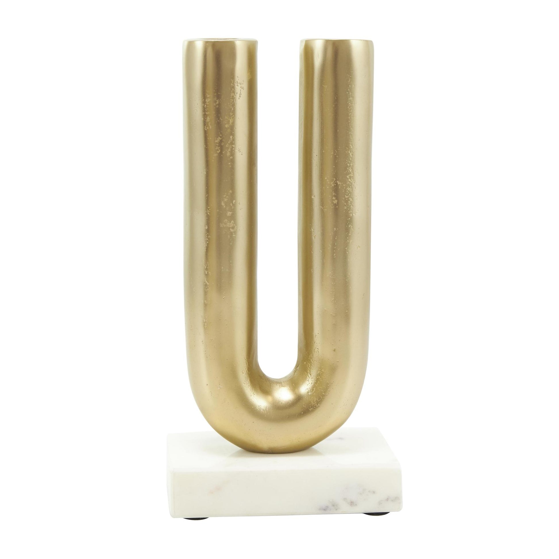 Set of 2 Geometric Aluminum Metal U-Shaped Decorative Candle Holder with Marble Bases