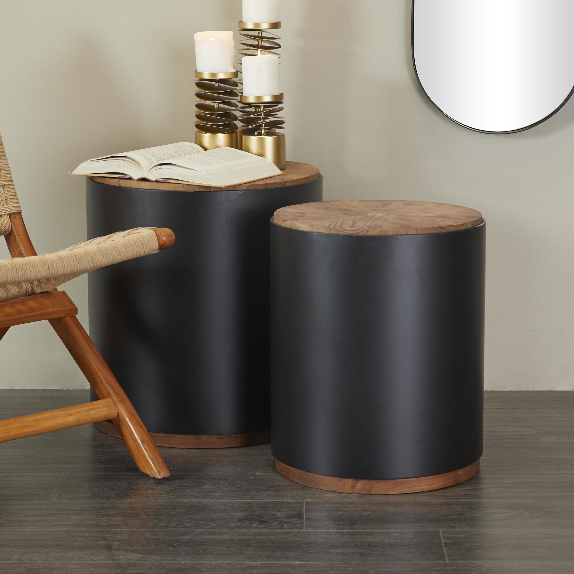 Set of 2 Drum Black Metal Side End Accent Table with Brown Wood Top
