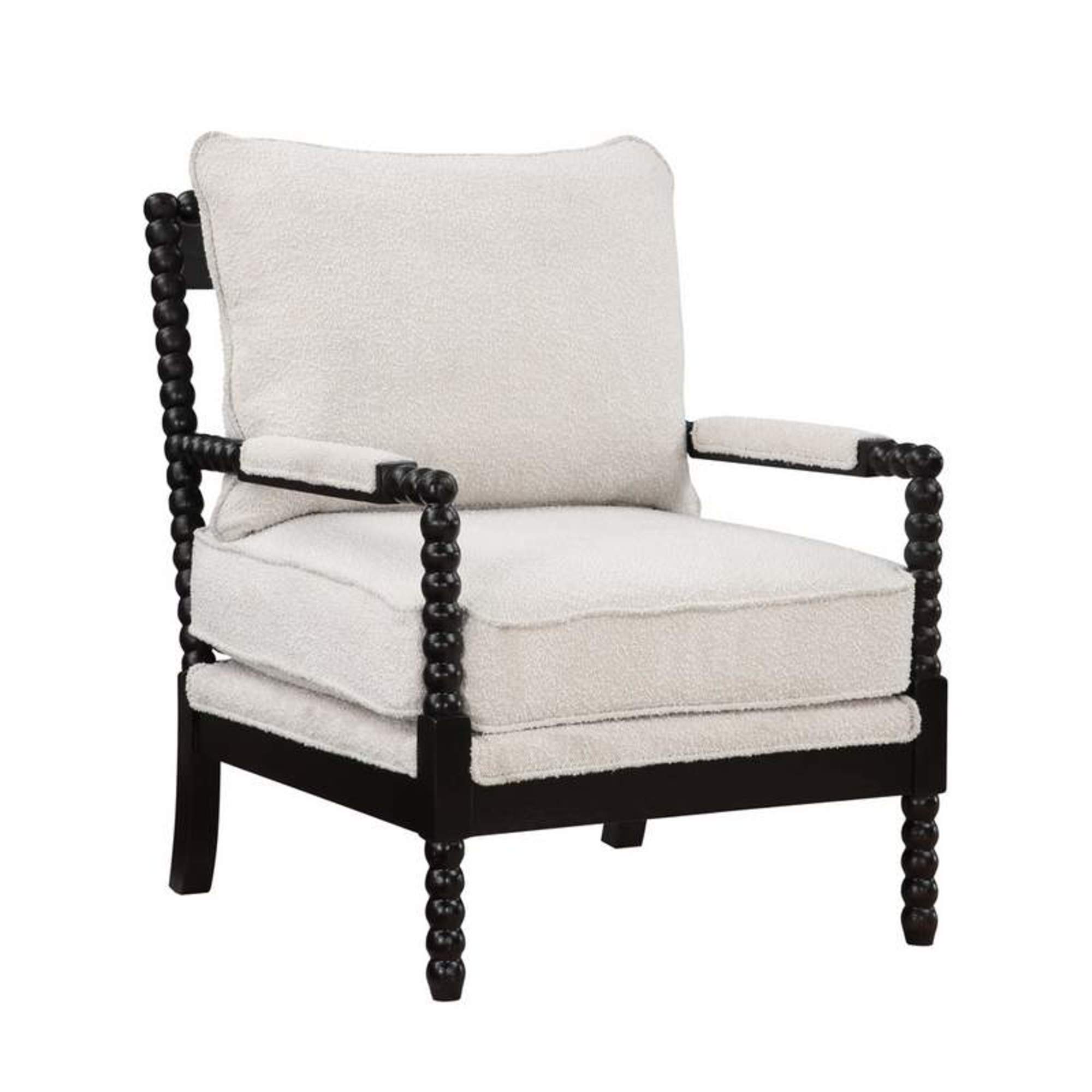 White Fabric Cushioned Living Room Accent Chair with Black Wooden Spindle Legs and Cushioned Armrests