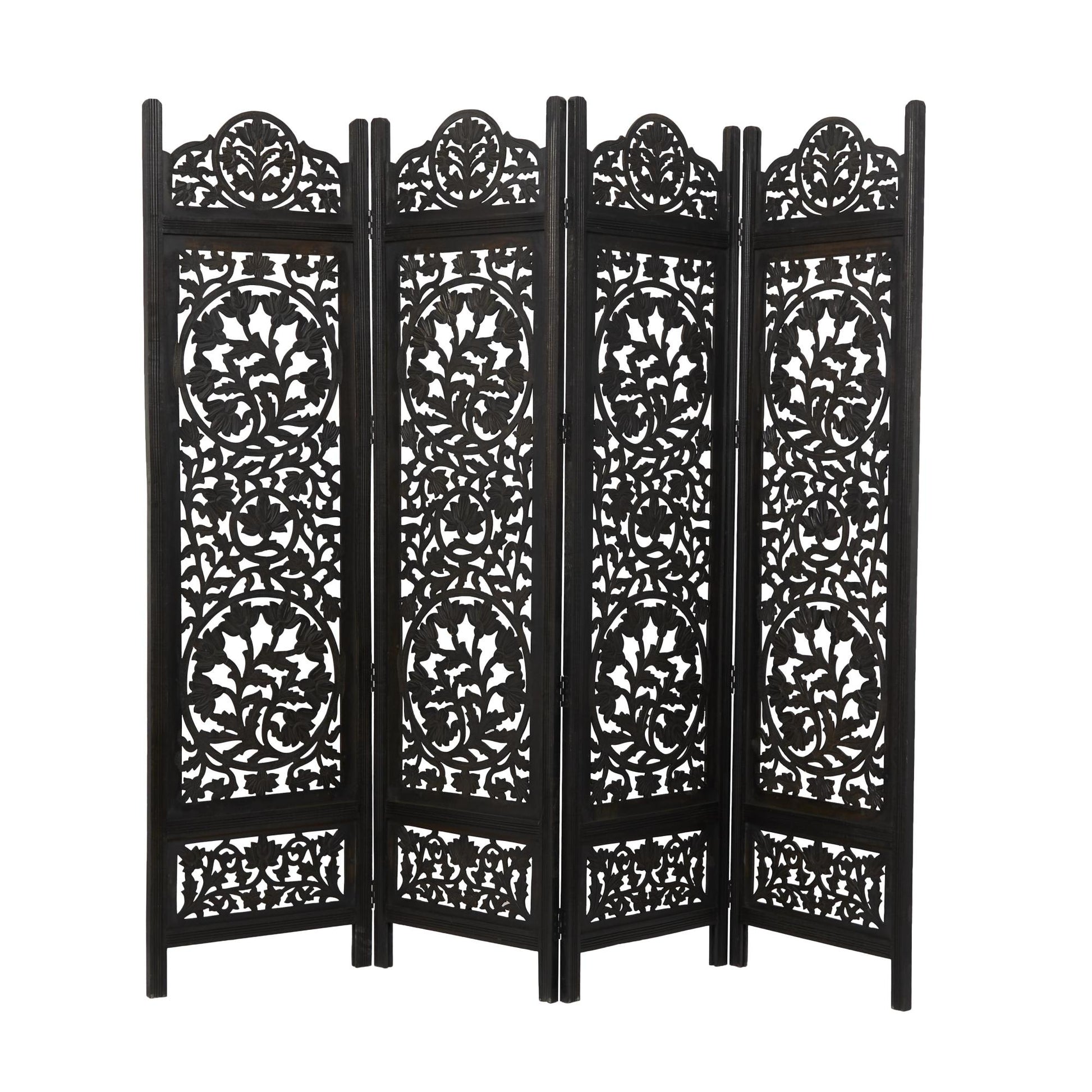 Floral Black Wood Handmade Foldable Partition Carved 4 Panel Partition Room Divider Screen