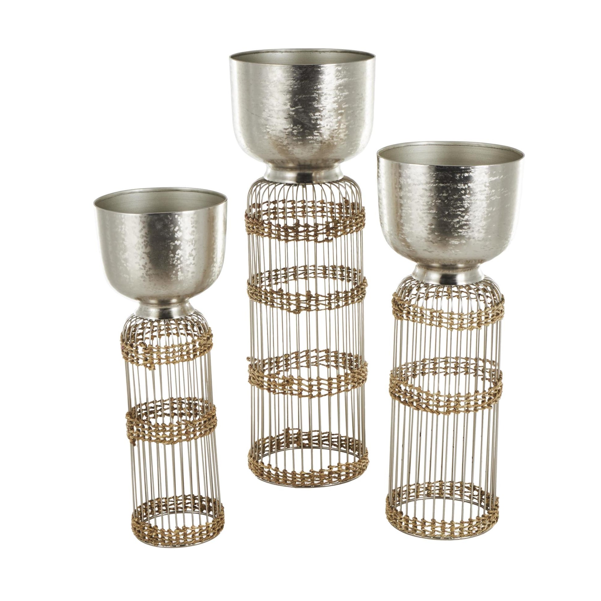 Set of 3 Metal Textured Dome Indoor Planter with Woven Seagrass and Caged Rod Pedestal Base Set of 3 32", 27", 24"H