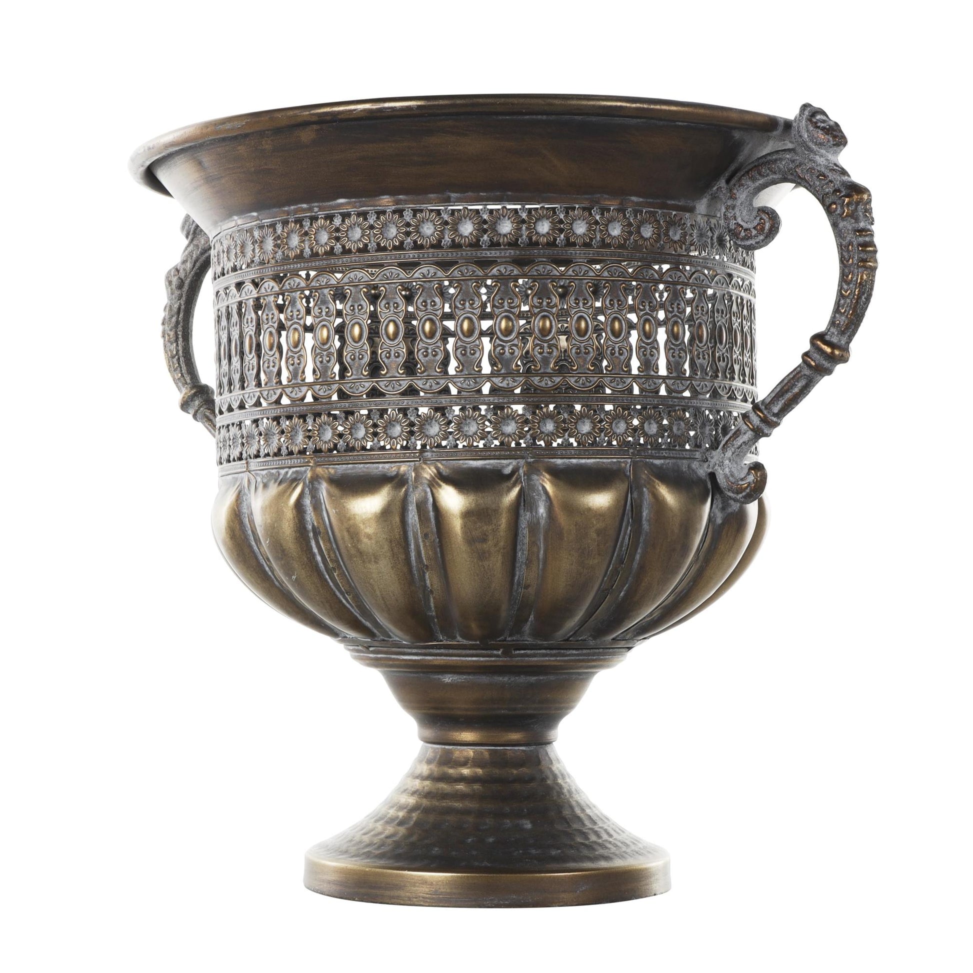 Scroll Bronze Metal Urn Shaped Decorative Vase with Cut Outs