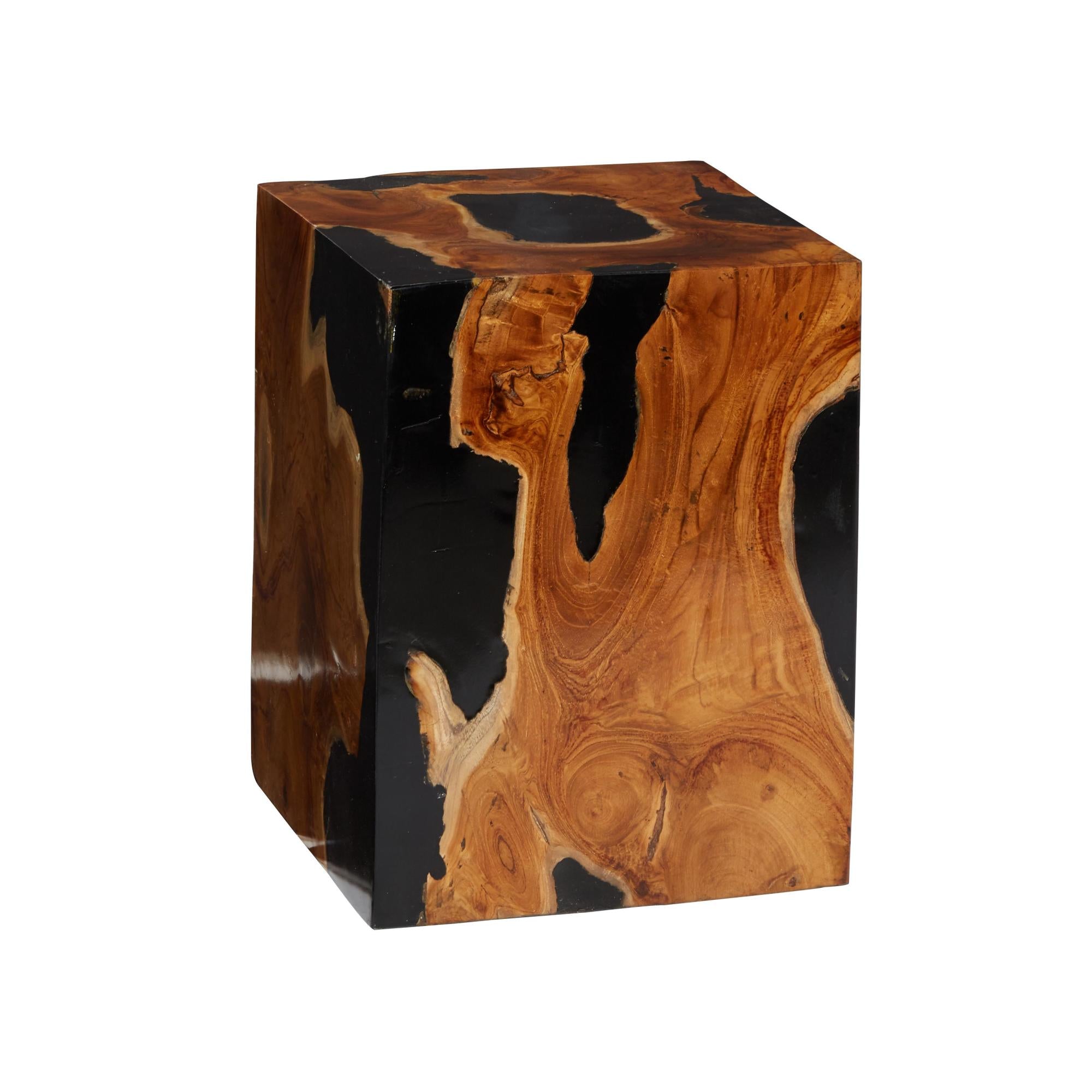 Abstract Brown Teak Wood Block Side End Accent Table with Black Resin Inlay