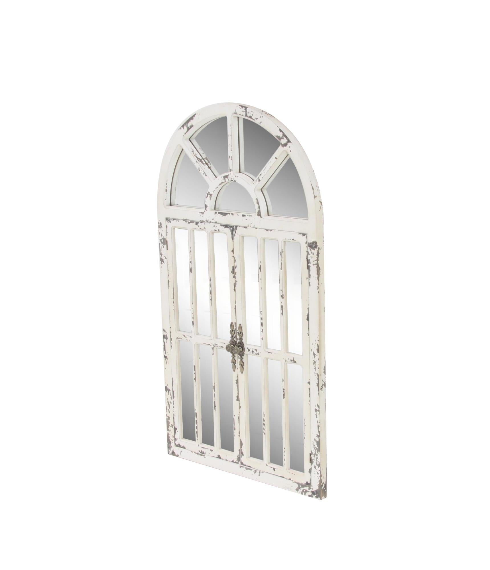 White Wood Window Pane Inspired 2 Door Room Wall Mirror with Arched Top and Distressing