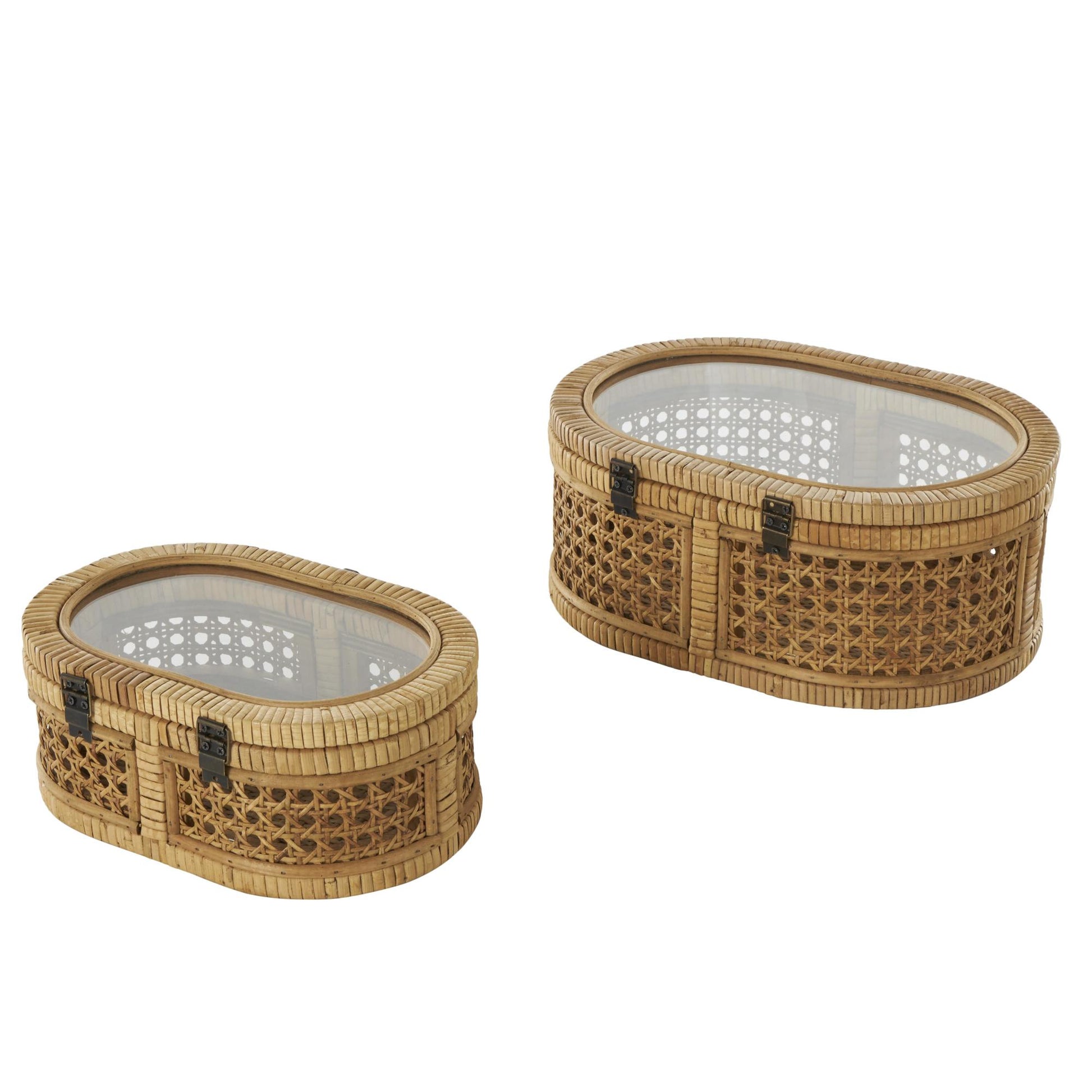 Set of 2 Brown Rattan Handmade Wrapped Oval Storage Decorative Box with Cane Panels and Tempered Glass Tops