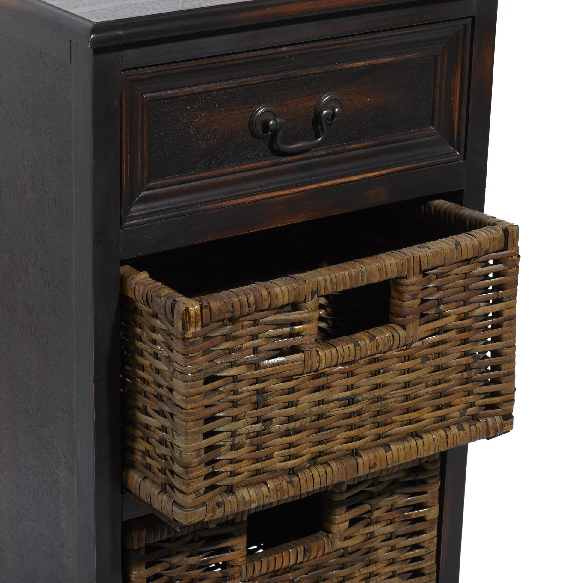 Dark Brown Wood Storage 2 Basket and 1 Drawer Room Storage Unit