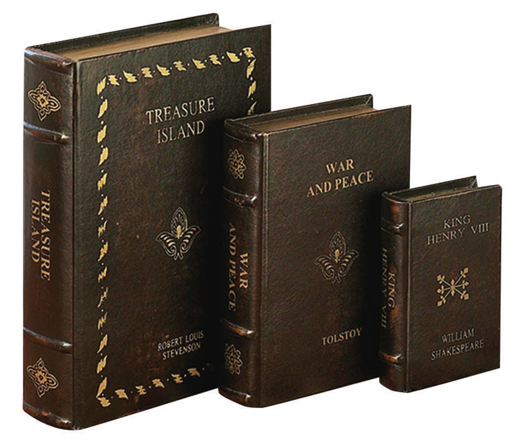 Set of 3 Brown Faux Leather Vintage Inspired Faux Book Storage Decorative Box with Gold Vintage Detailing