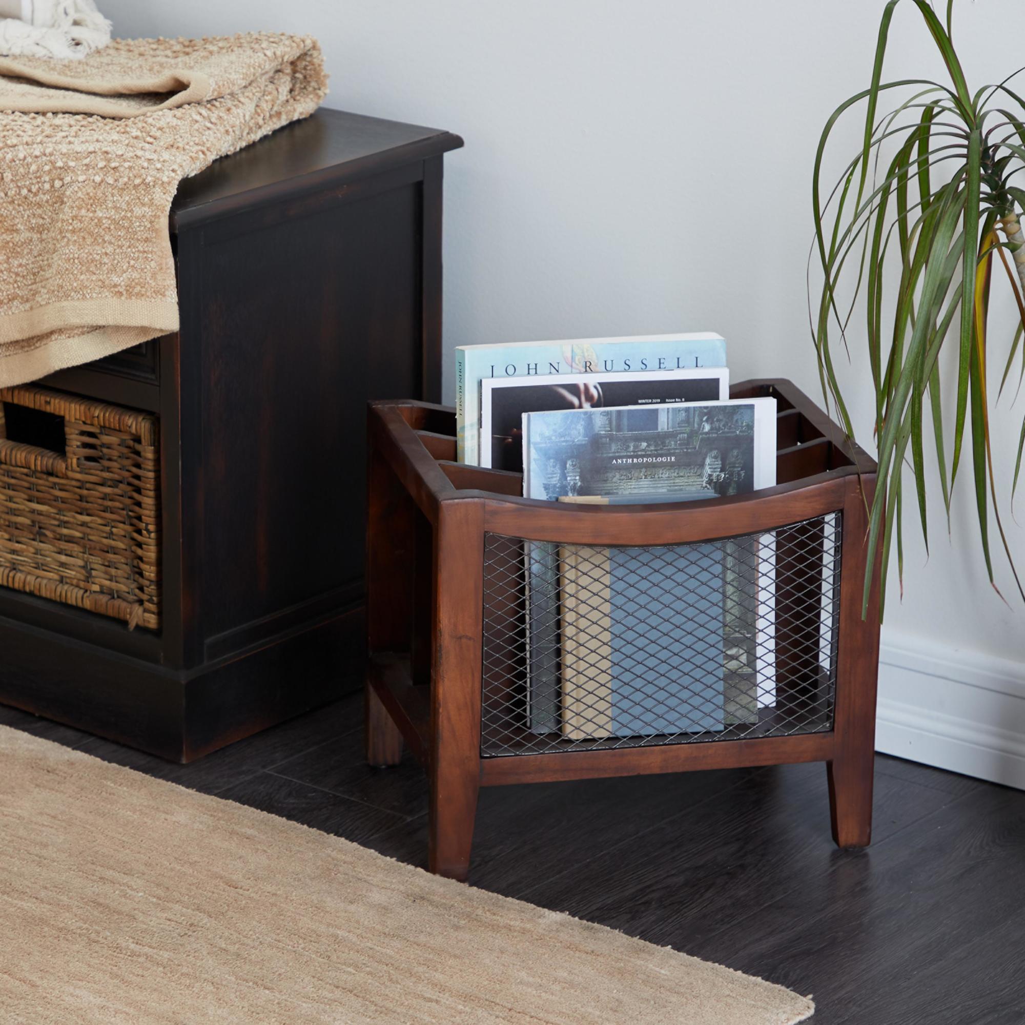 Brown Wood 3 Slot Decorative Magazine Holder with Netting Side Panels