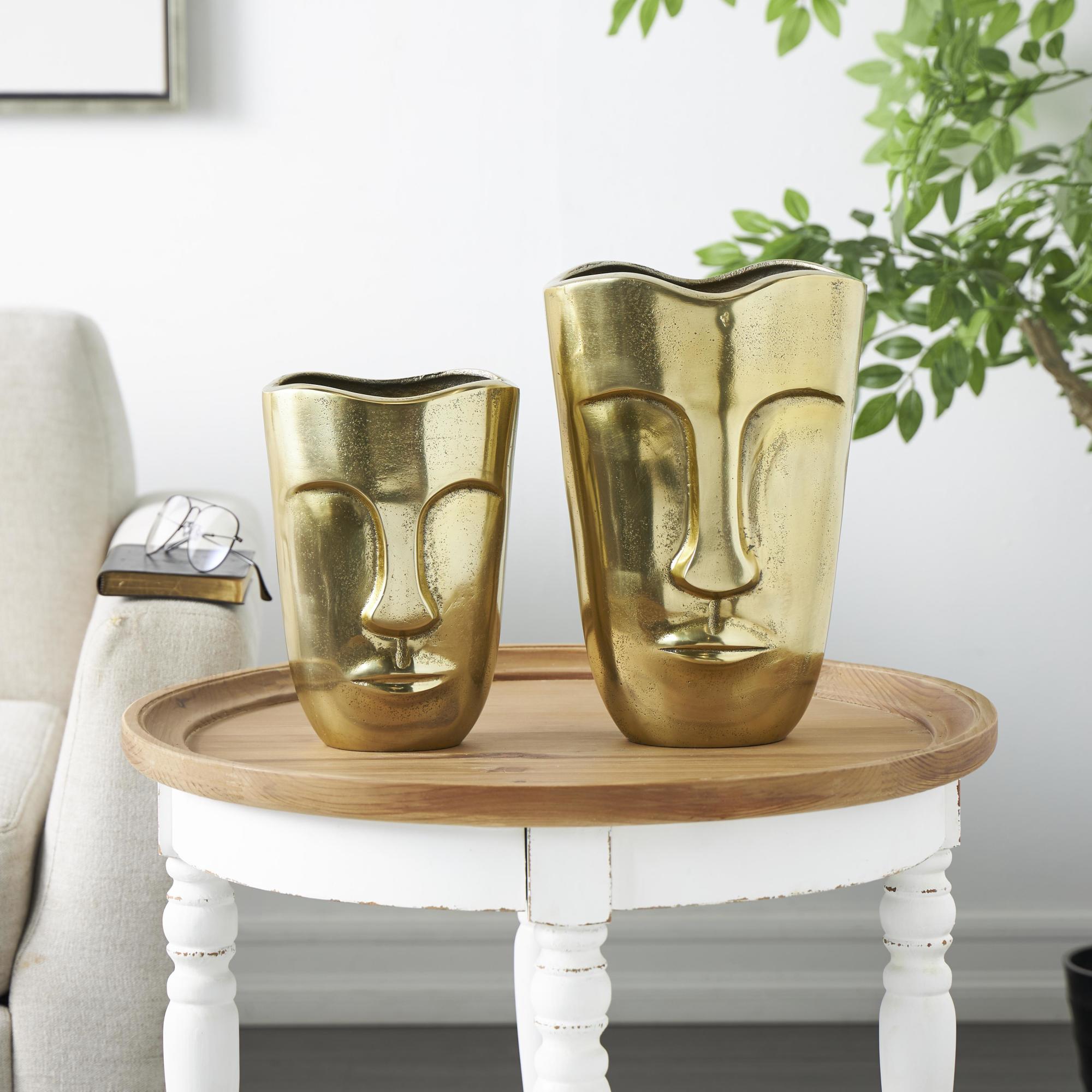 Set of 2 Face Gold Aluminum Metal Decorative Vase with Abstract Details