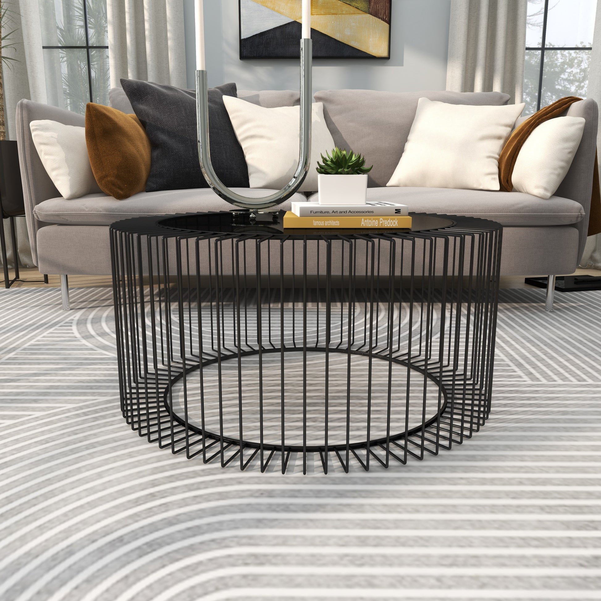 Black Metal Open Wire Frame Living Room Coffee Table with Shaded Glass Top