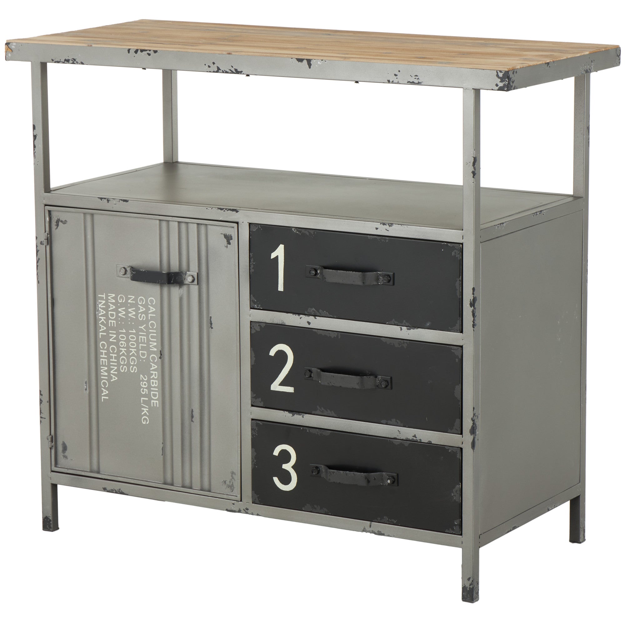 Gray Metal Army Surplus Style 1 Door and 3 Drawer Room Cabinet with Numbers and Text