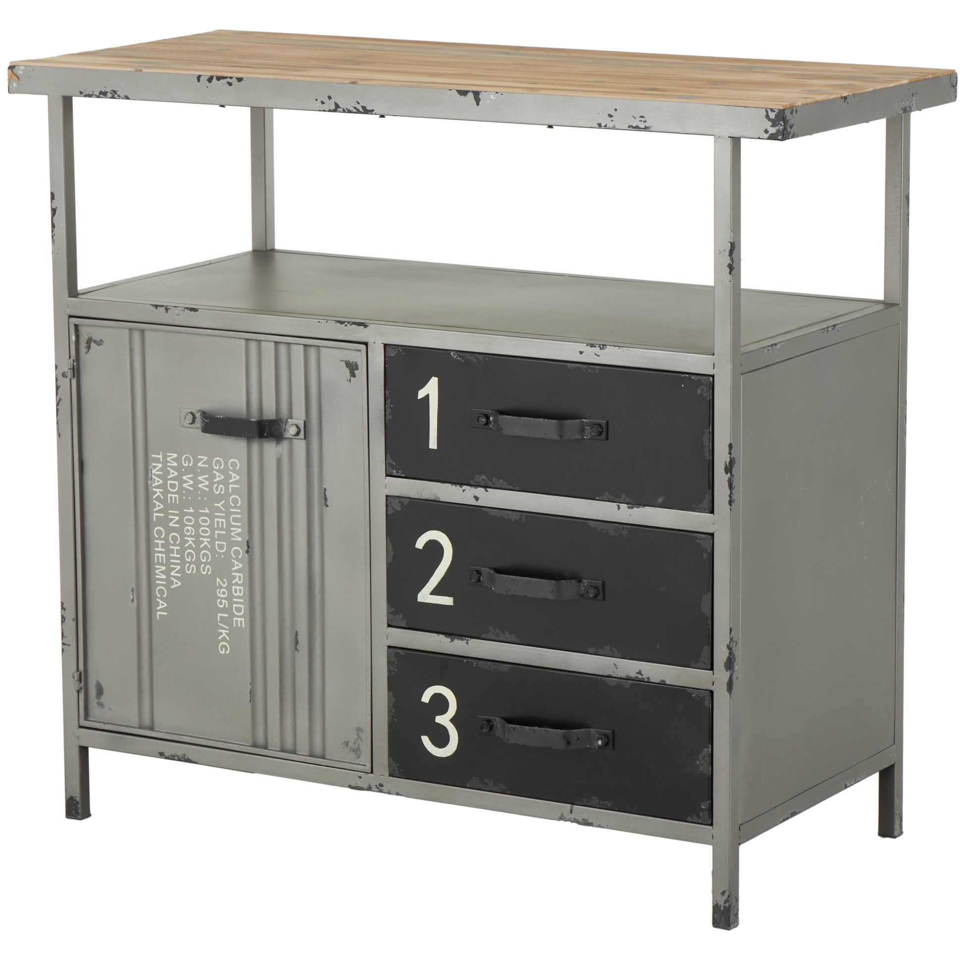 Gray Metal Army Surplus Style 1 Door and 3 Drawer Room Cabinet with Numbers and Text