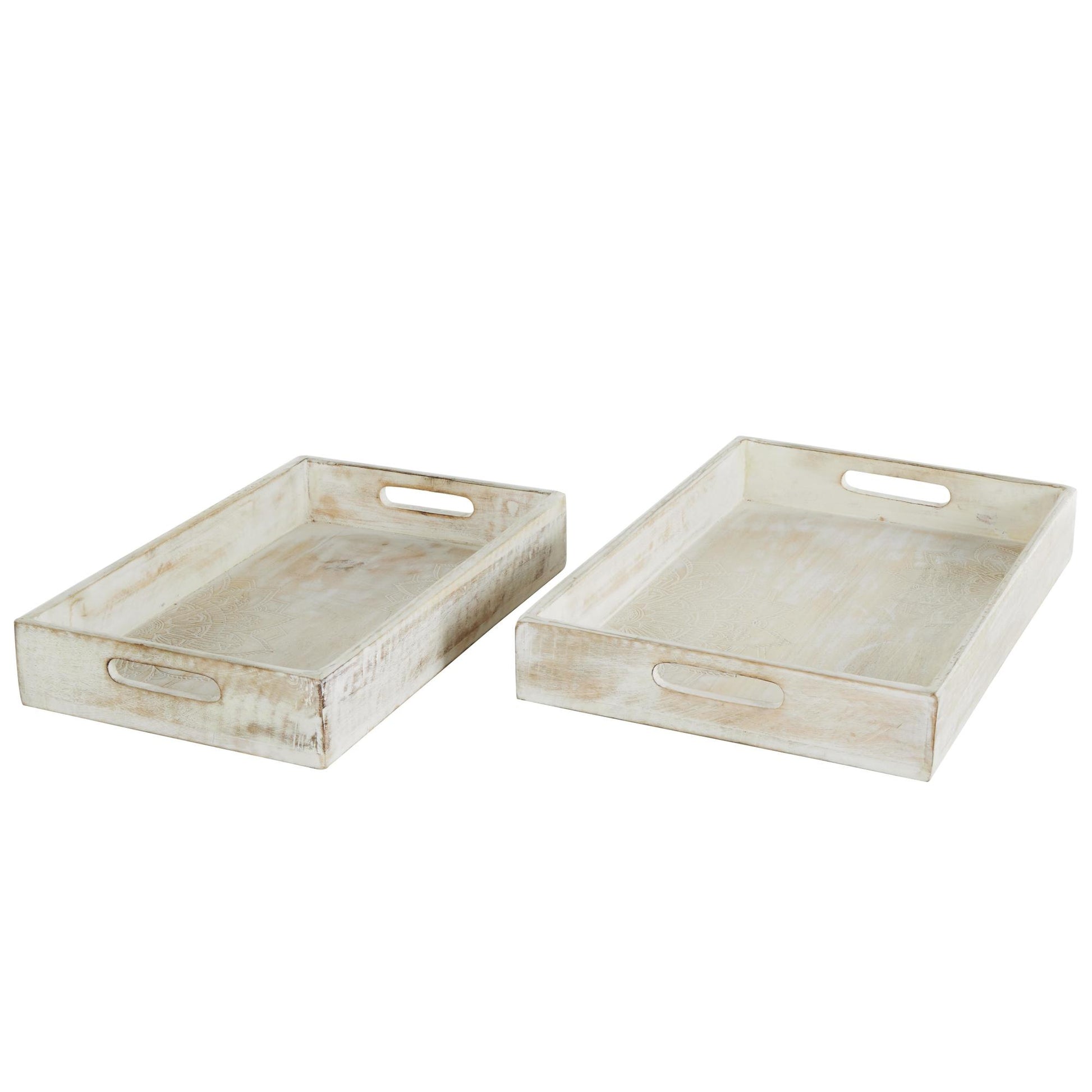 Set of 2 Cream Mango Wood Handmade Whitewashed Living Room Decor Tray with Carved Mandala Interior