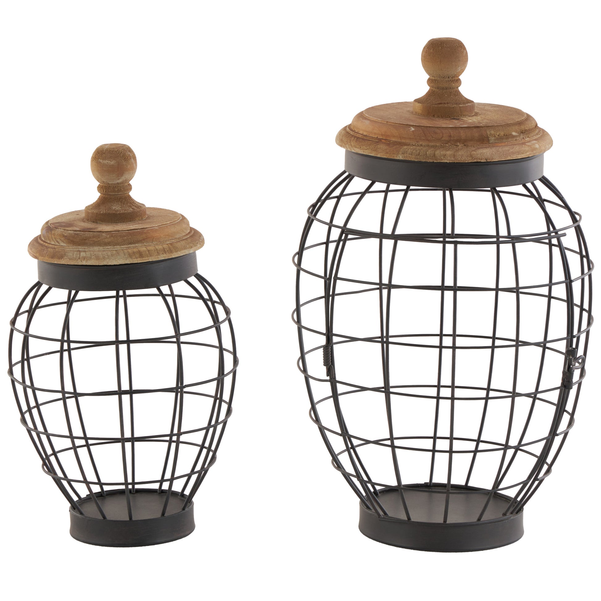 Set of 2 Black Metal Wire Caged Living Room Decorative Jars with Wooden Lids