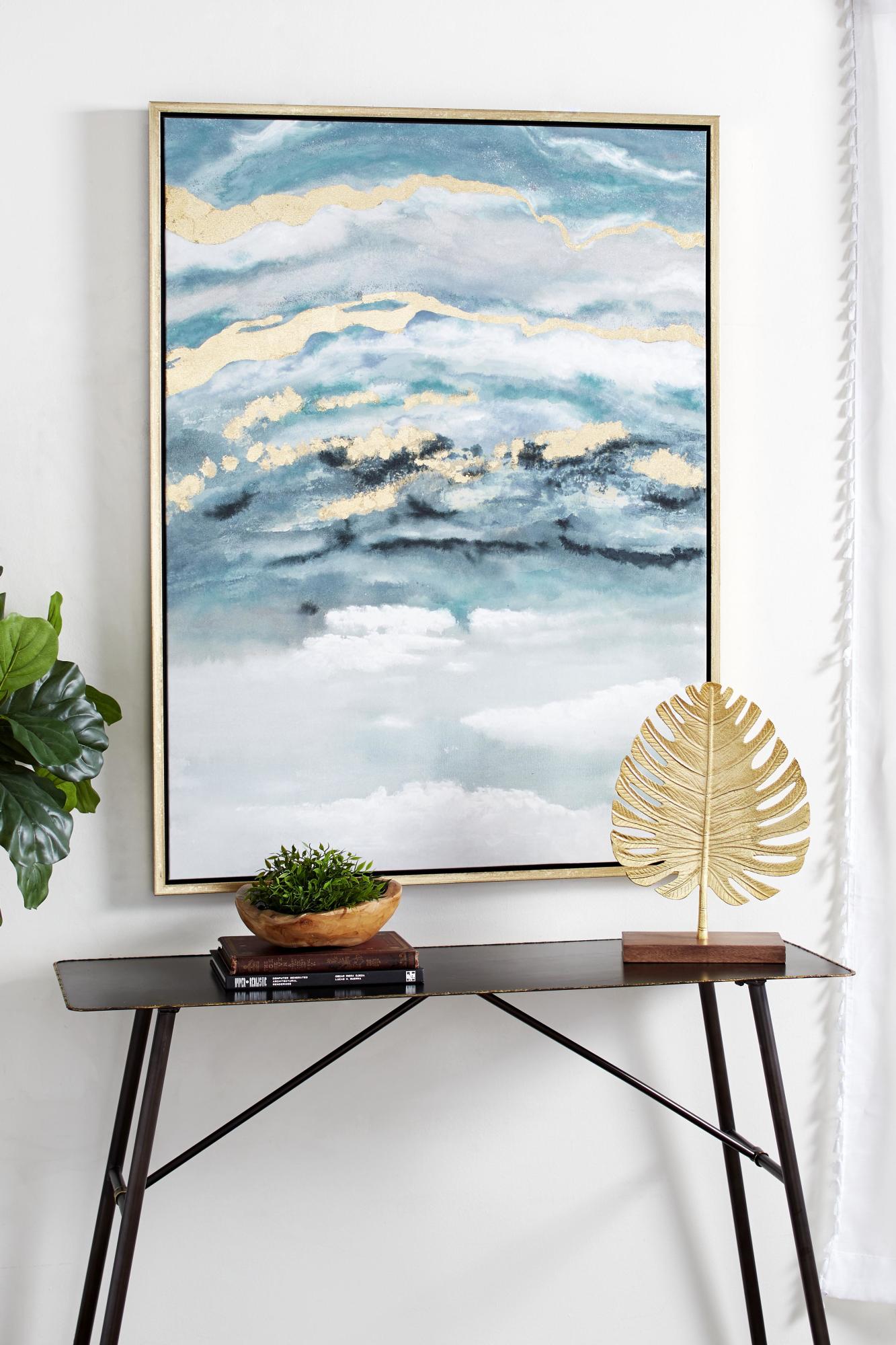 Geode Teal Canvas Enlarge Slice Living Room Framed Wall Art with Gold Frame