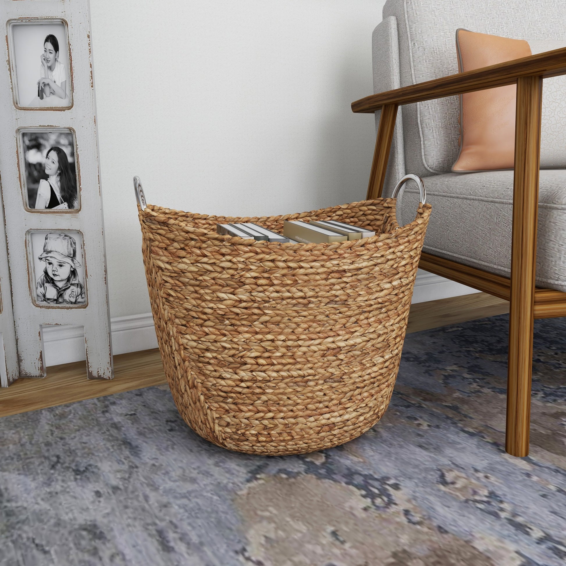 Brown Seagrass Handmade Large Woven Decorative and Functional Storage Basket with Ring Metal Handles
