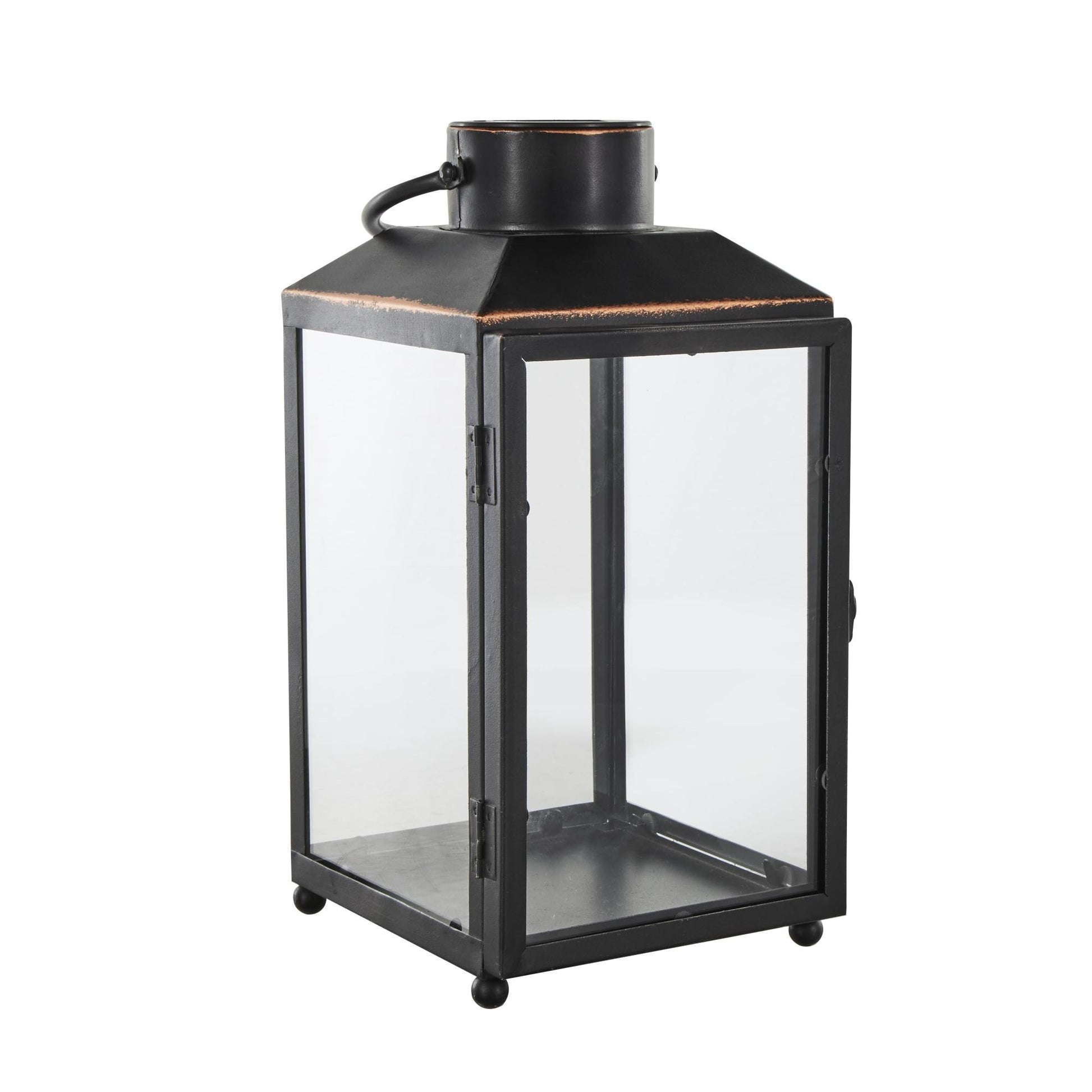 Black Metal Modern Indoor Outdoor Candle Lantern with Gold Accents