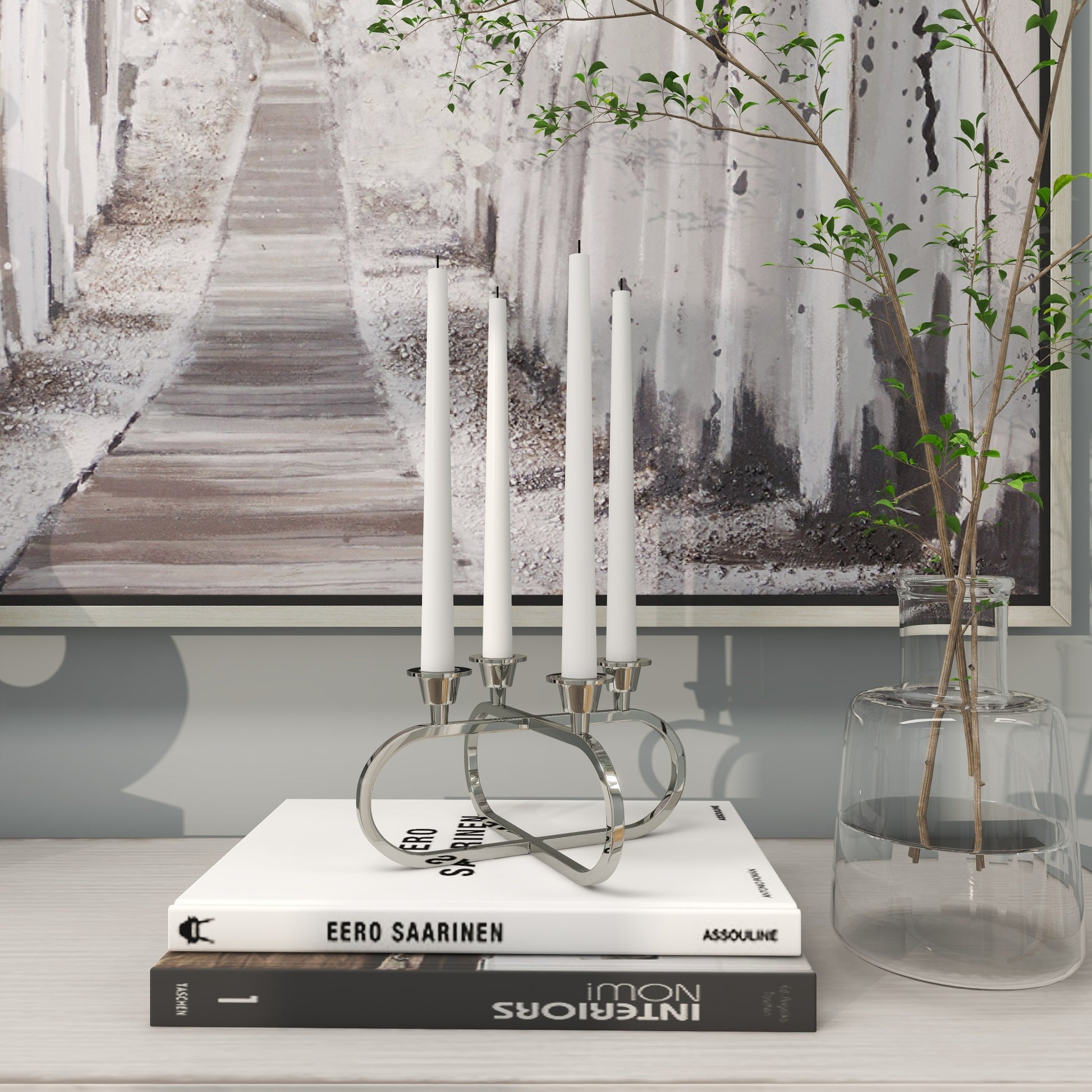 CosmoLiving by Cosmopolitan Geometric Silver Stainless Steel Metal Overlapping Oval Decorative Candelabra