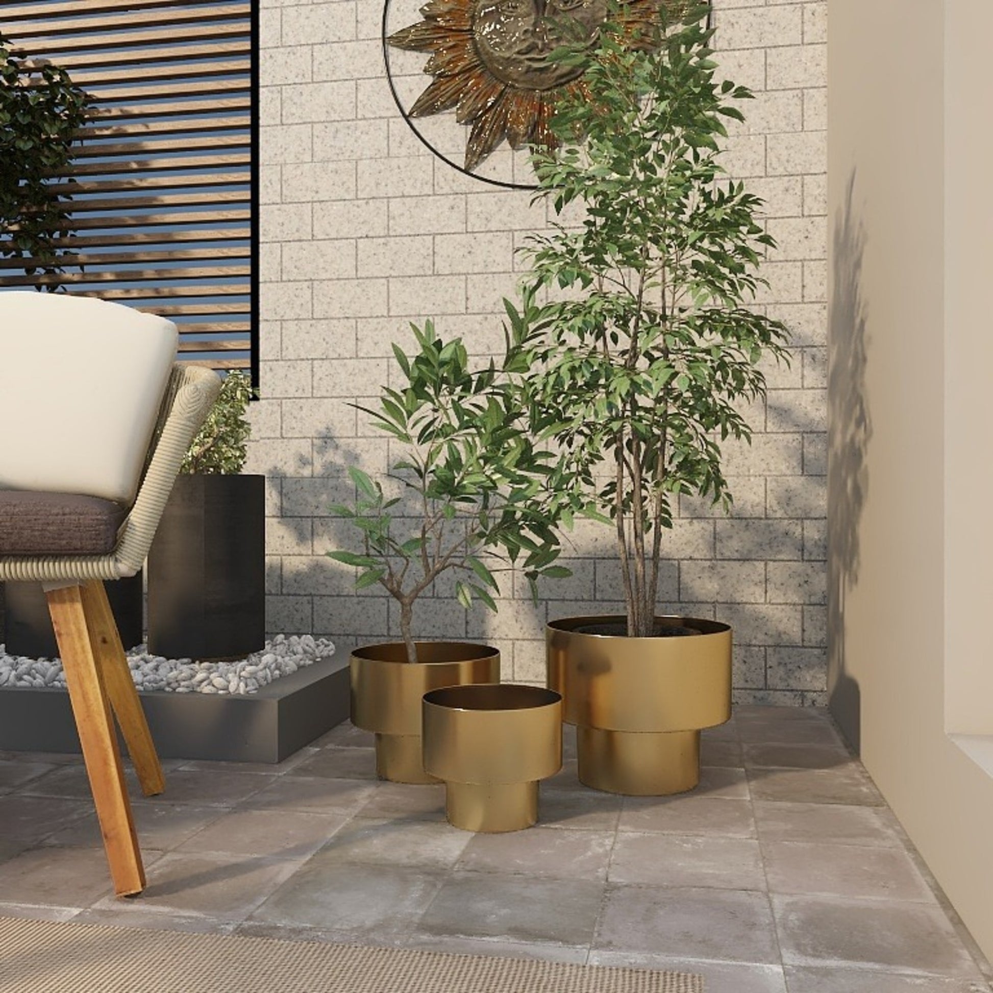 Set of 3 Gold Metal Brushed Indoor Outdoor Planter