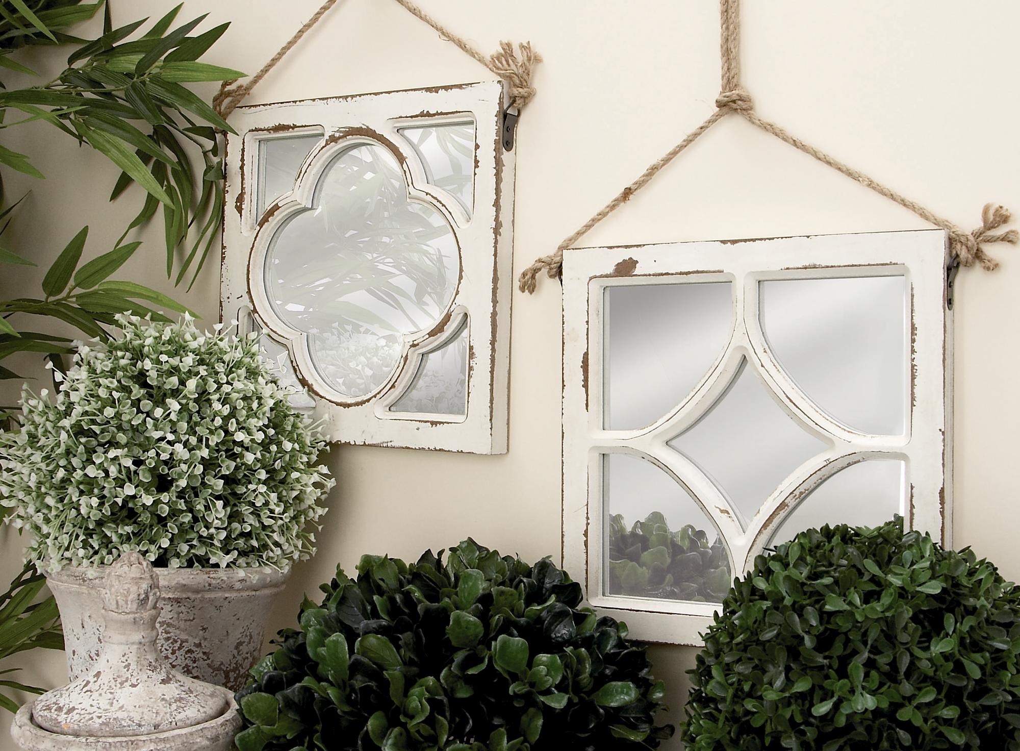 Set of 4 Geometric White Wood Distressed Small Square Room Wall Mirror with Jute Hanging Rope