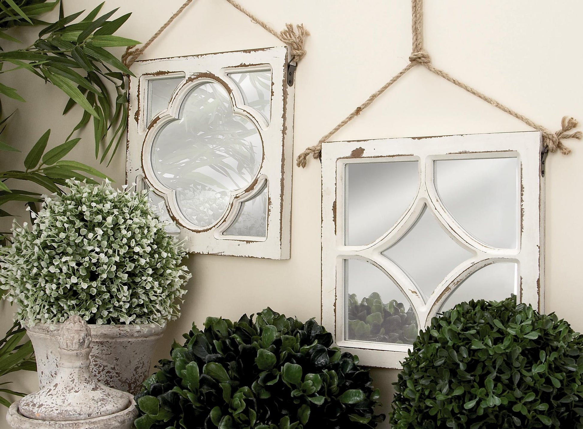Set of 4 Geometric White Wood Distressed Small Square Room Wall Mirror with Jute Hanging Rope