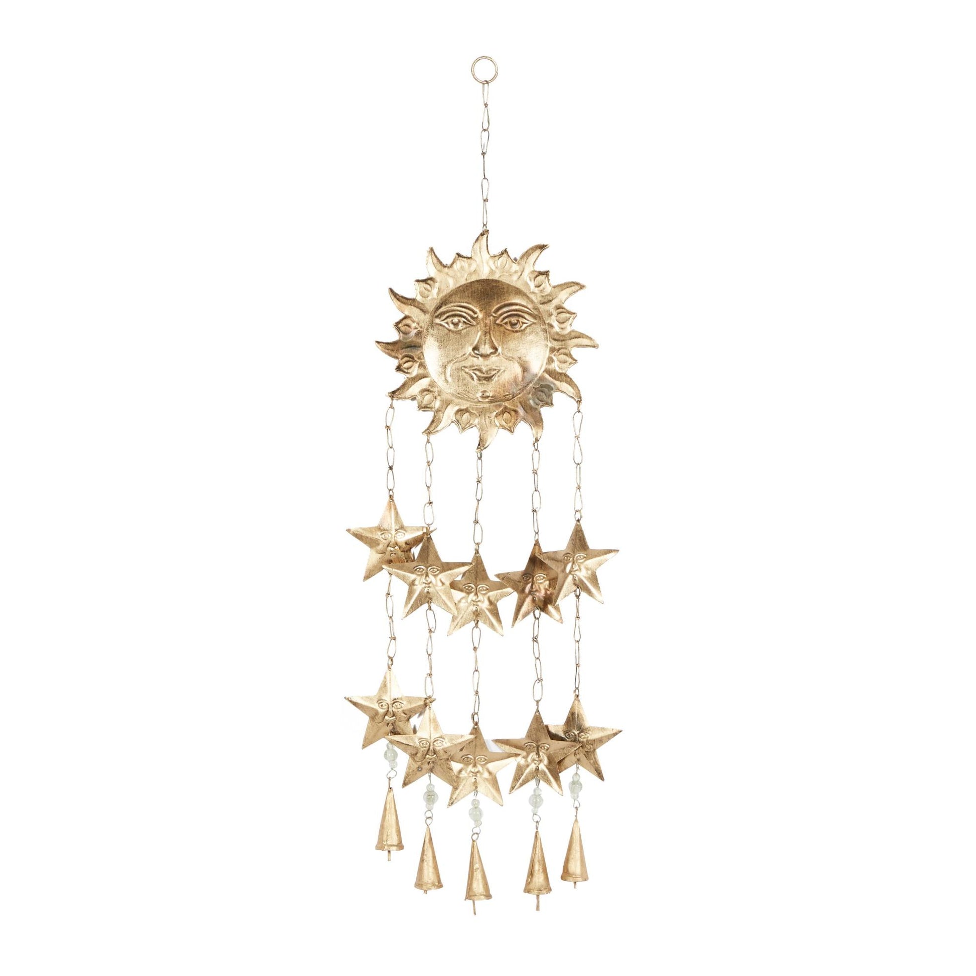 Sun and Star Gold Metal Handmade Indoor Outdoor Windchime with Glass Beads and Cone Bells