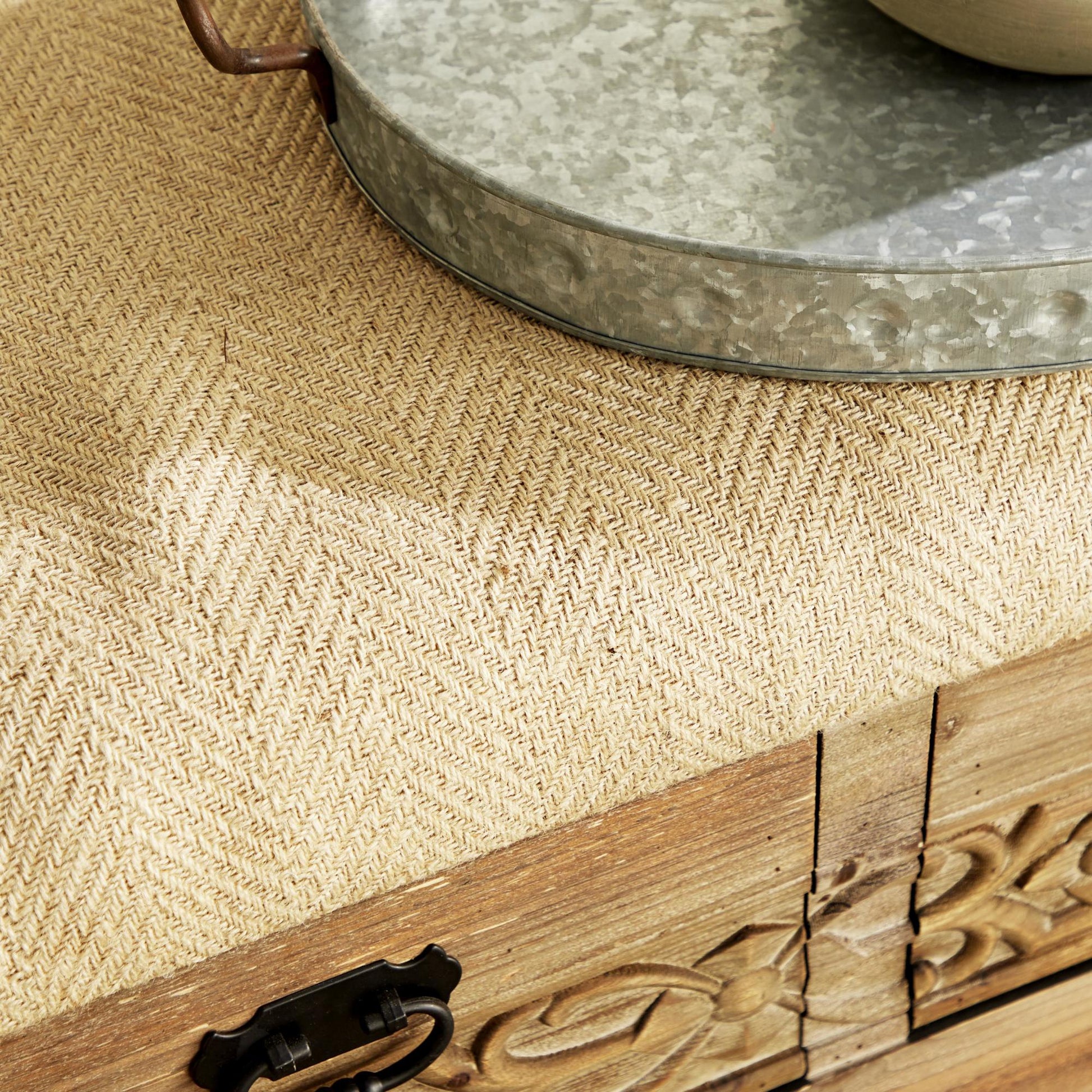 Floral Brown Wood Intricately Carved Room Storage Bench with Cream Burlap Top