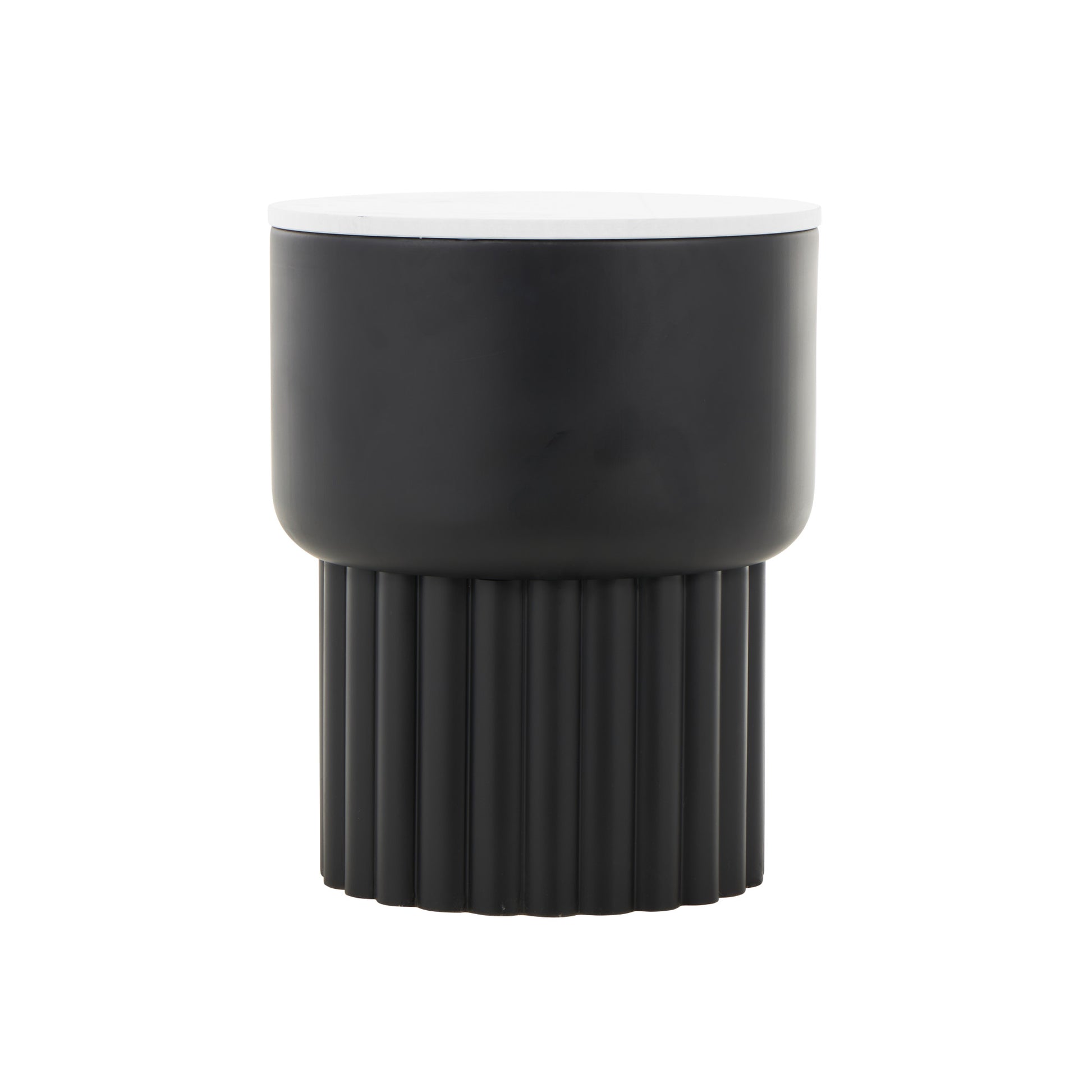 Black Metal Ribbed Side End Accent Table with White Marble Tabletop
