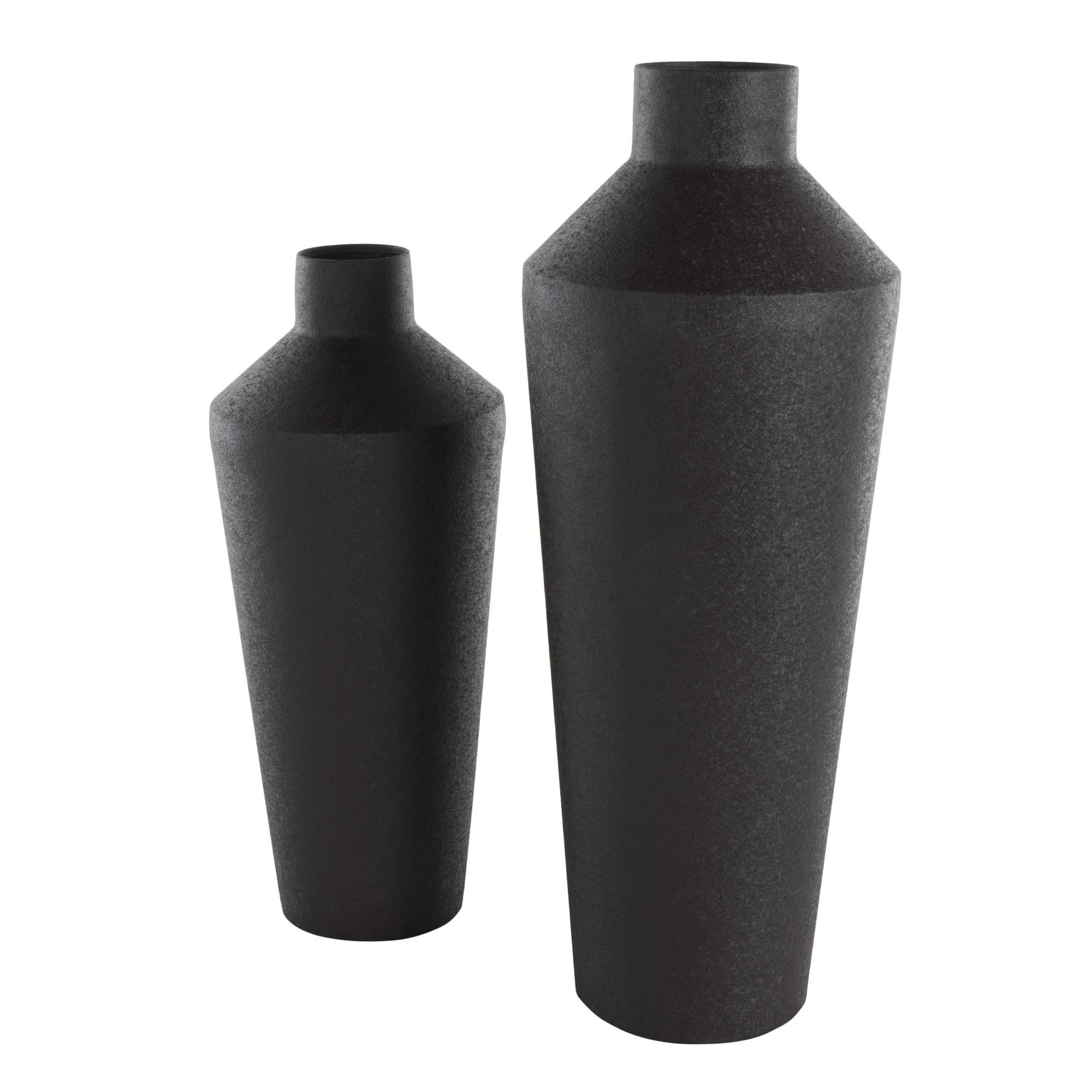 Set of 2 Black Metal Textured Tapered Decorative Vase