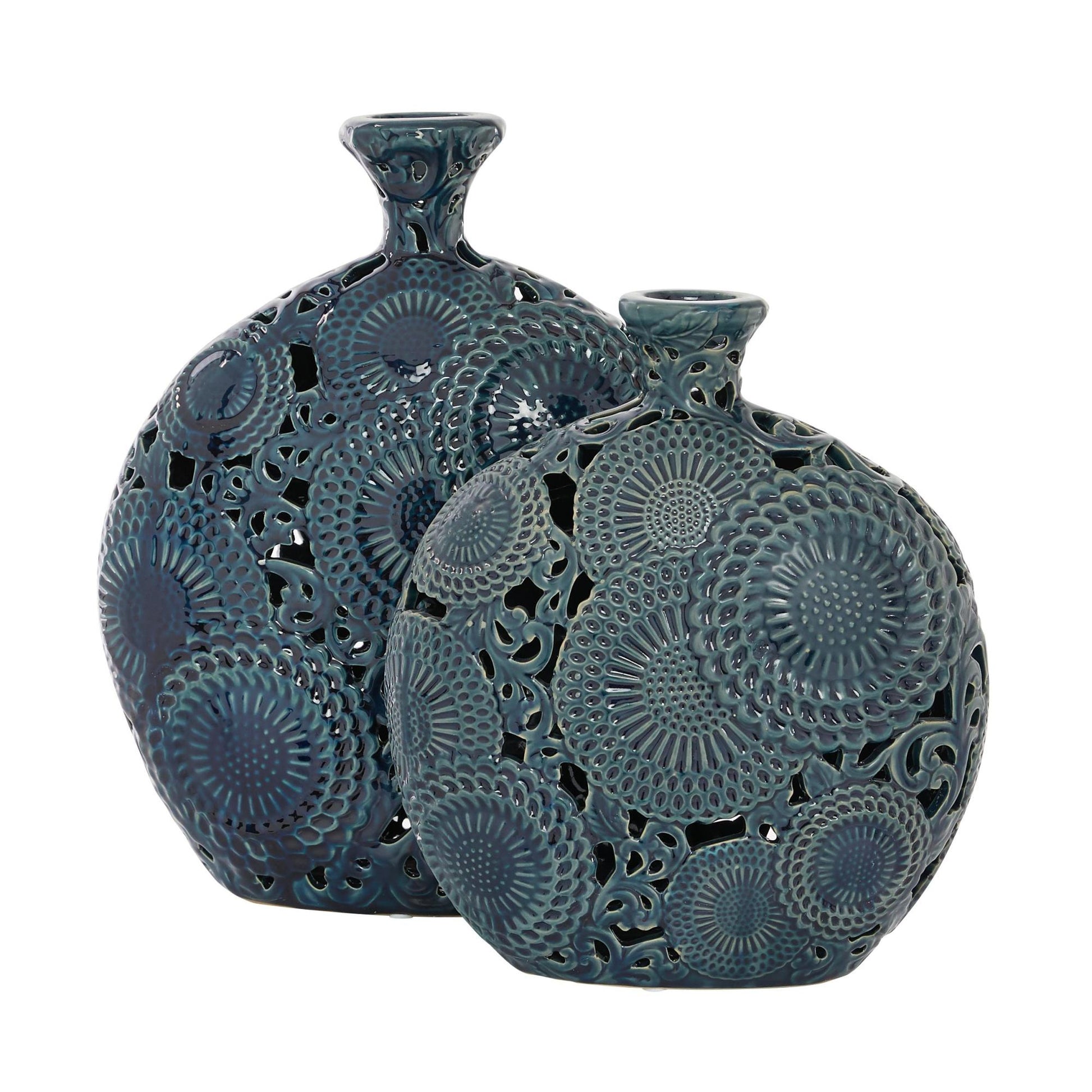 Set of 2 Floral Blue Ceramic Decorative Vase with Cut Out Patterns