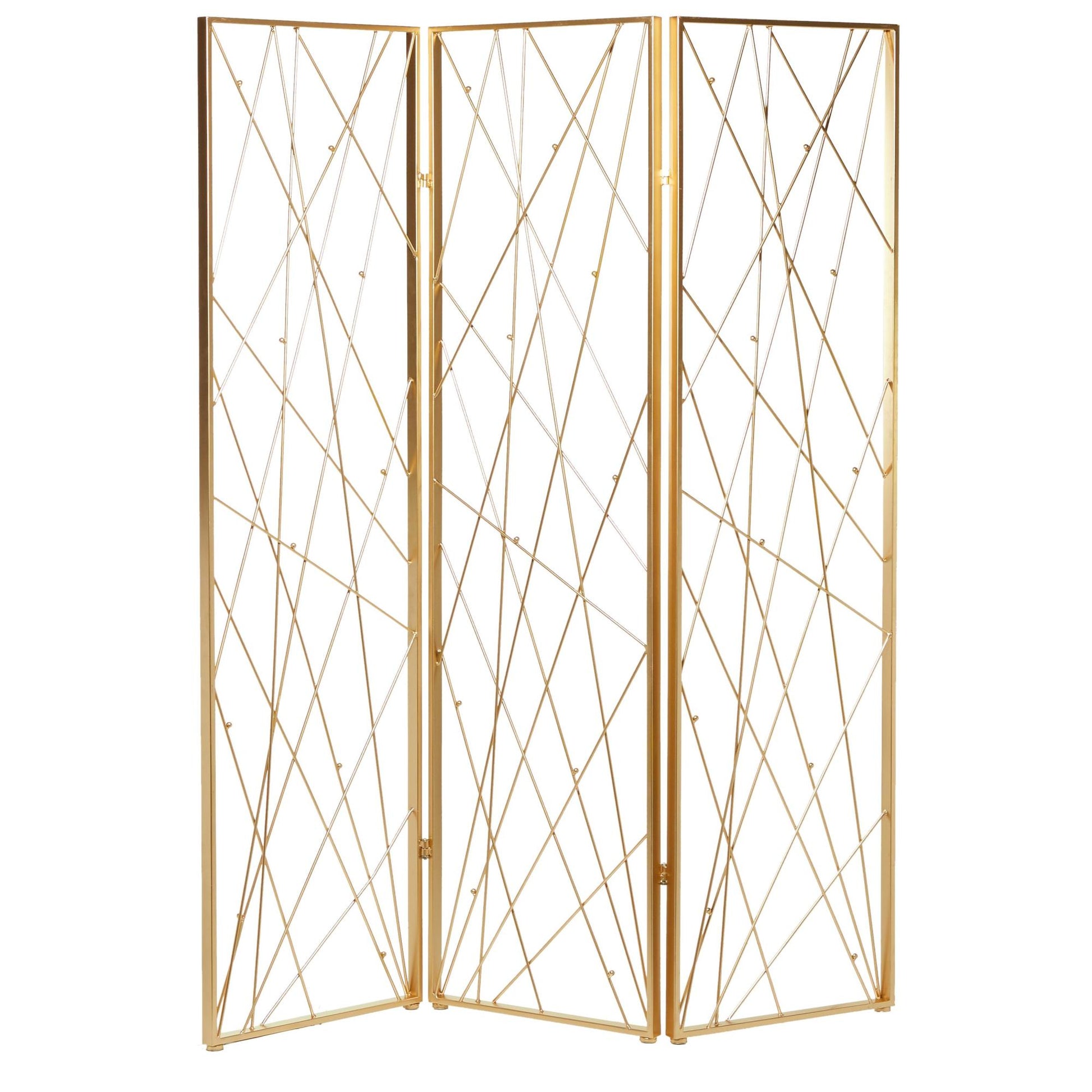 Abstract Gold Metal Foldable Partition 3 Panel Partition Room Divider Screen with Wire Rod Accents