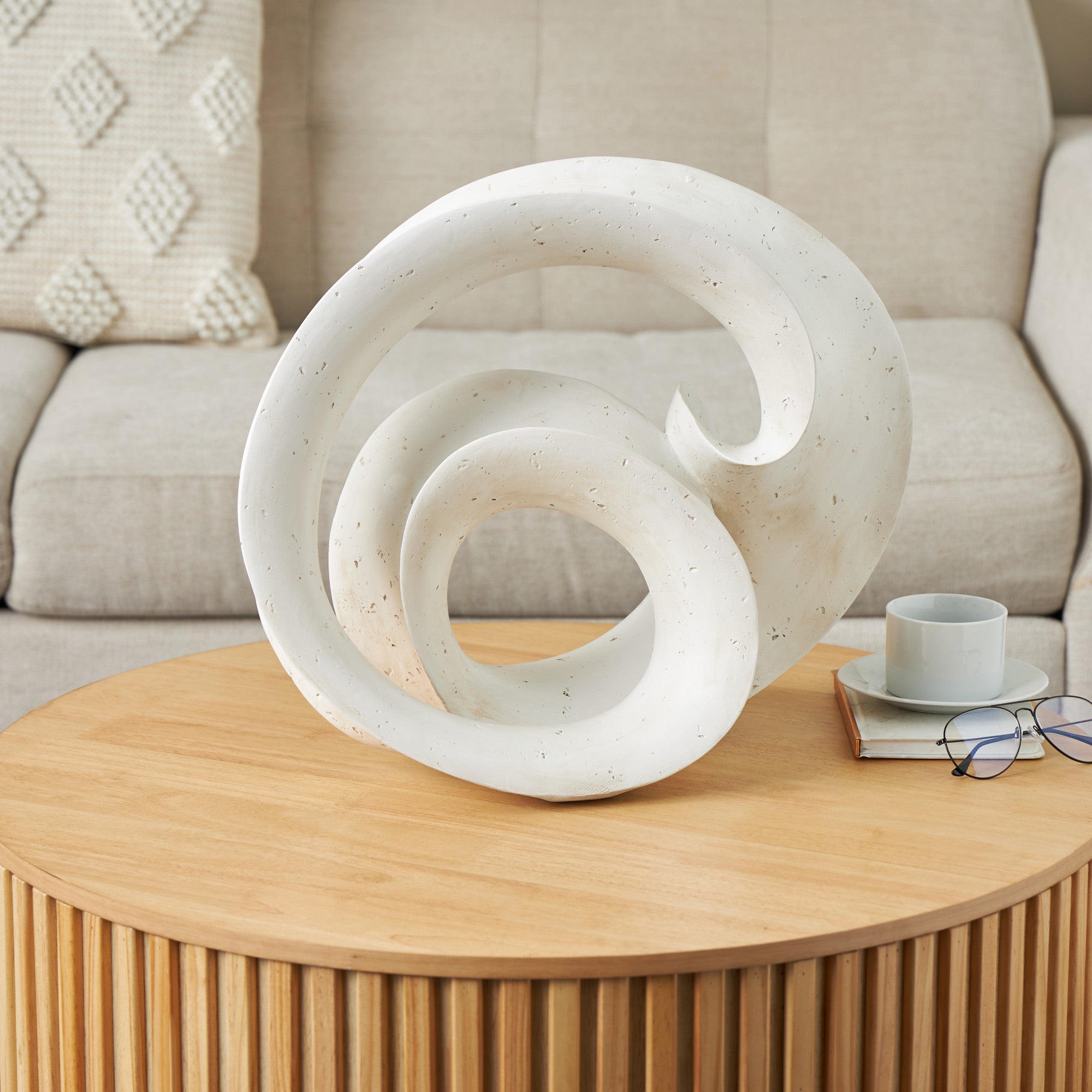 Abstract White Polystone Wavy Shaped Decorative Sculpture with Cutouts and Speckled Texturing