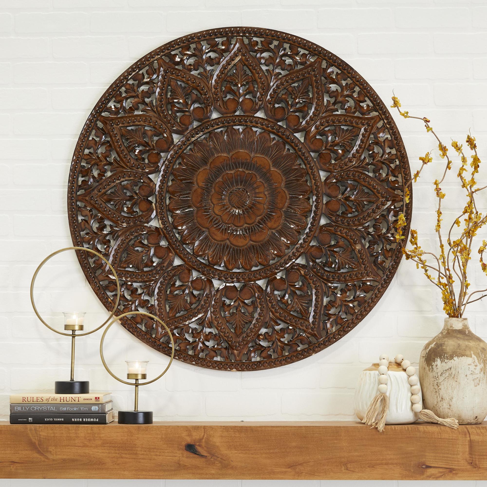 Floral Wooden Handmade Intricately Carved Home Wall Decor with Mandala Design 36" x 1" x 36"