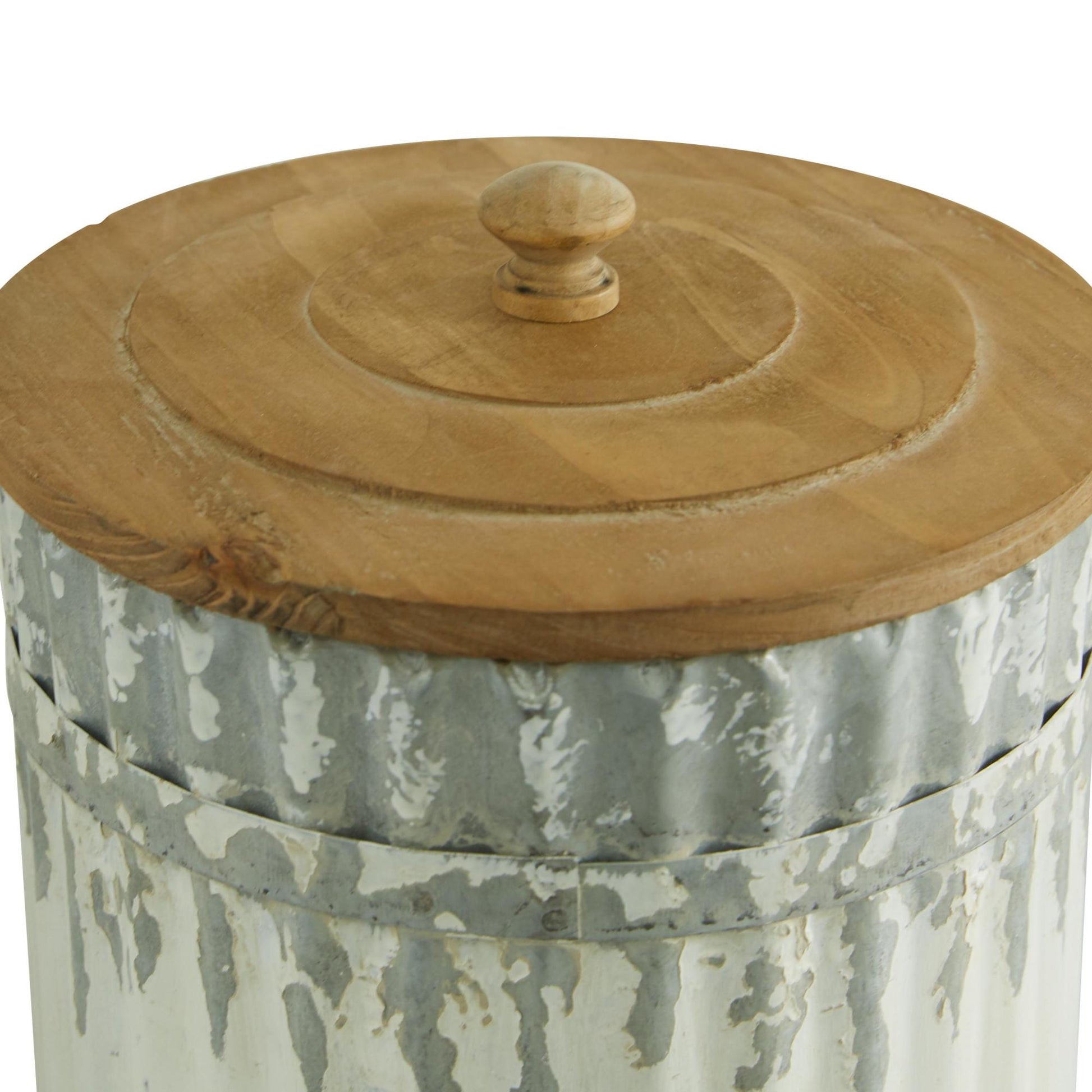 Set of 3 White Metal Distressed Living Room Decorative Jars with Wood Lids