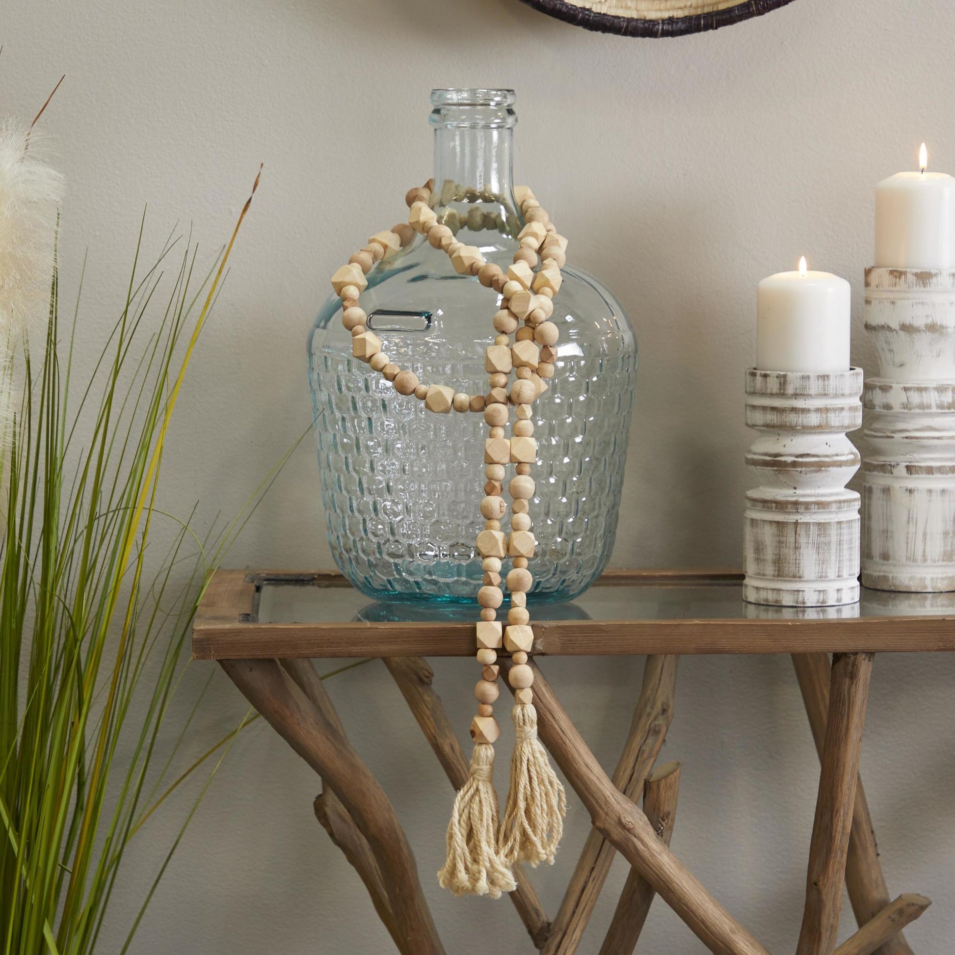 Mango Wood Handmade Hexagon Carved Geometric Long Beaded Garland with Tassel