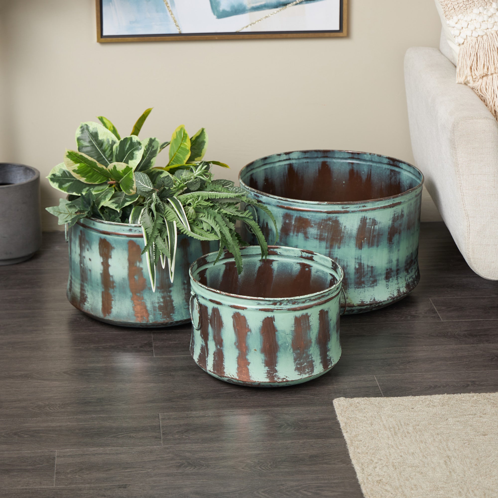 Set of 3 Green Metal Patina Indoor Outdoor Planter with Copper Accents