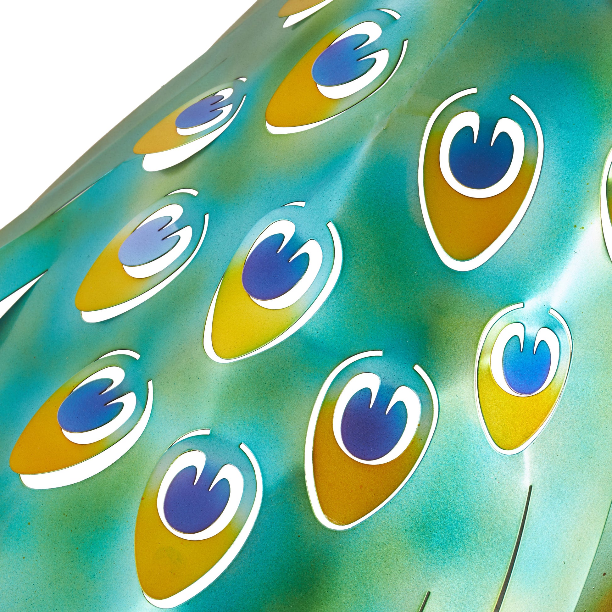 Peacock Blue Metal Decorative Garden Sculpture with Gold Legs and Teal Wings
