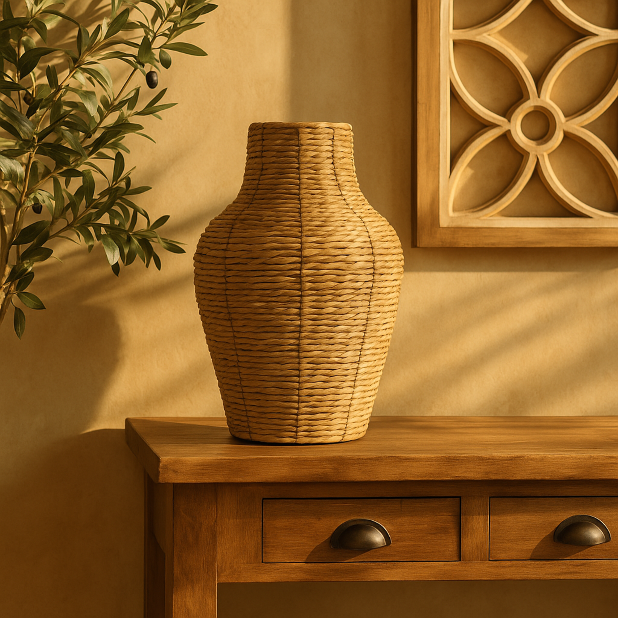 Brown Faux Seagrass Handmade Tall Woven Floor Decorative Vase