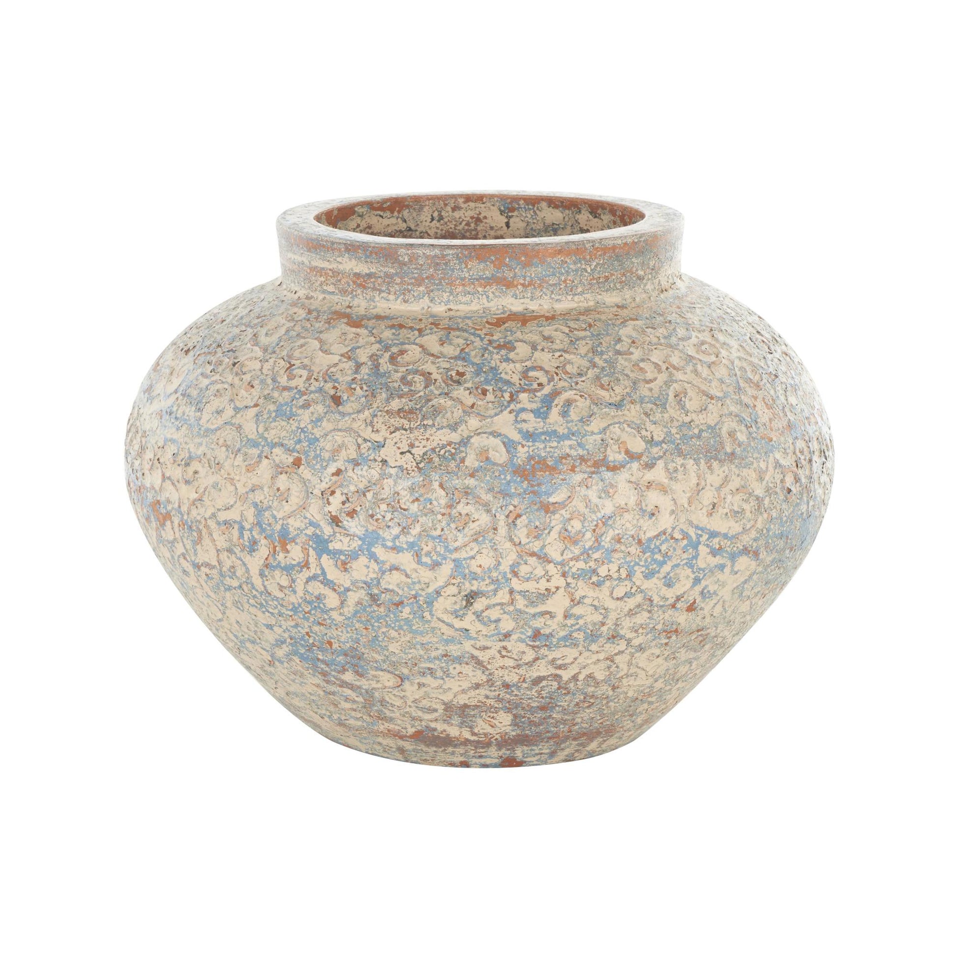 Scroll Beige Ceramic Handmade Antique Style Wide Rounded Decorative Vase with Blue and Copper Accents