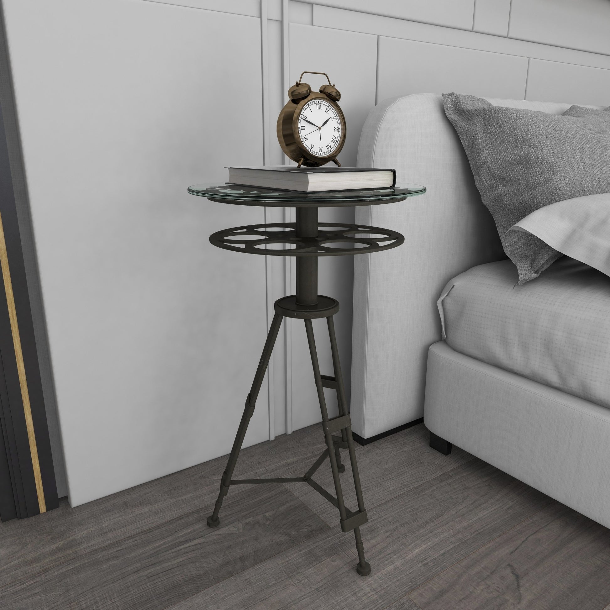 Film Black Metal Reel Side End Accent Table with Tripod Legs and Glass Top
