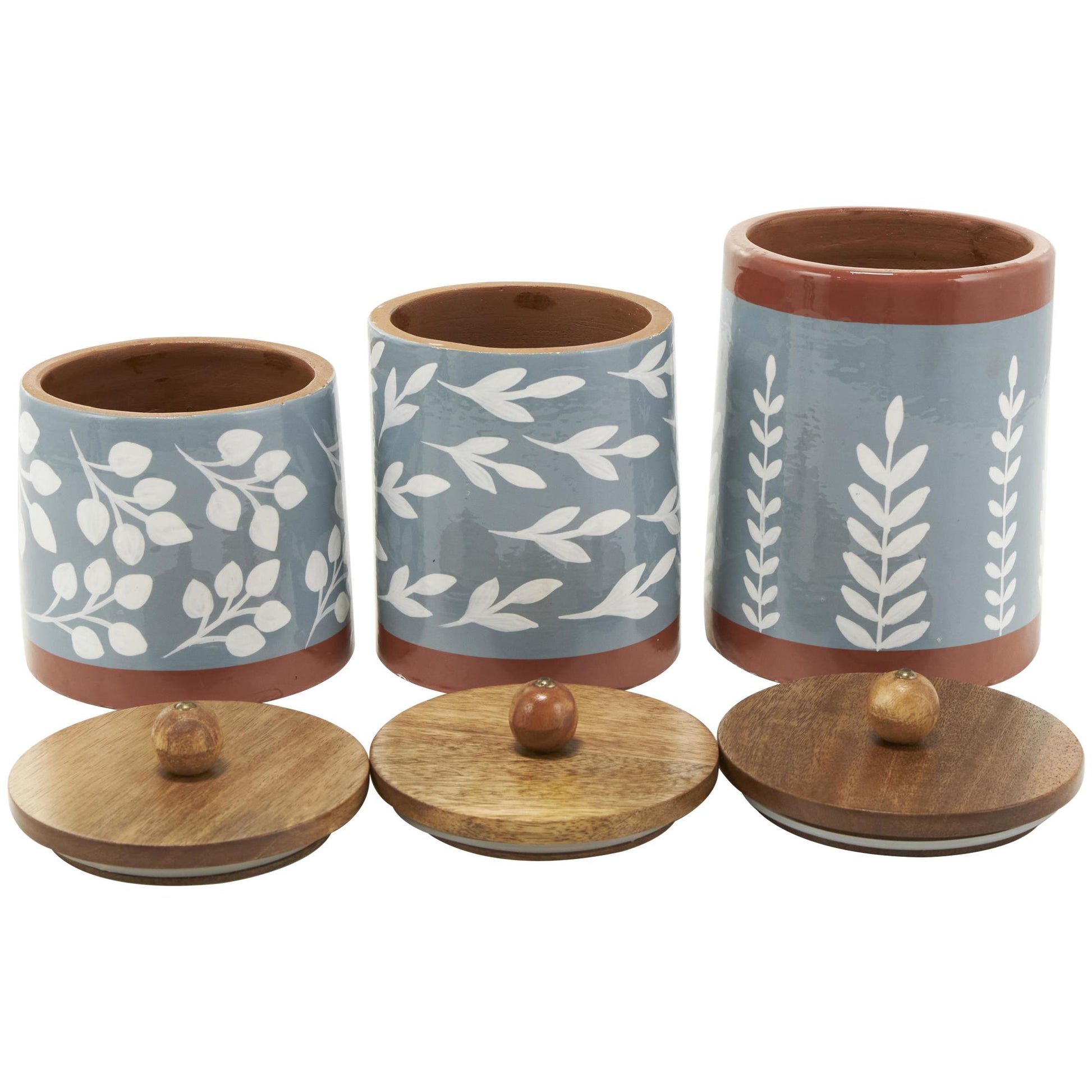 Set of 3 Floral Ceramic Decorative Canisters with Wood Lids
