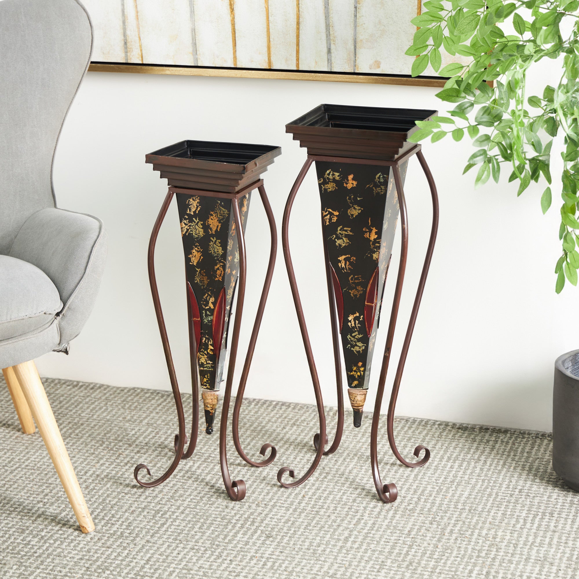 Set of 2 Scroll Brown Metal Indoor Outdoor Planter