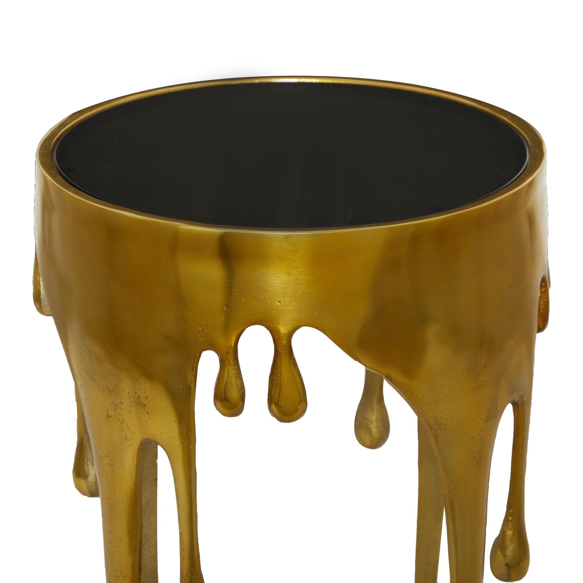 Abstract Aluminum Metal Drip Side End Accent Table with Melting Design and Shaded Glass Top
