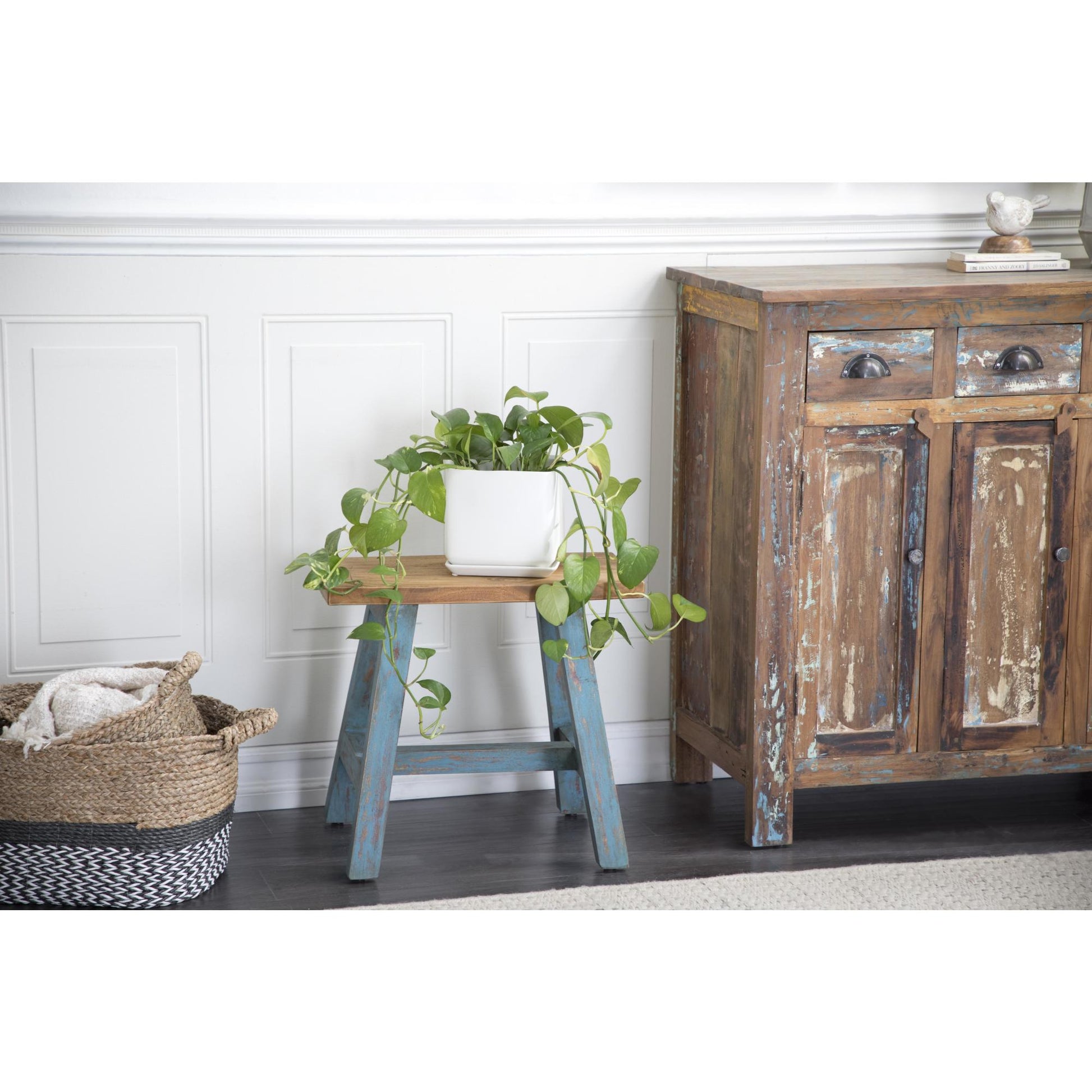 Wood Living Room Stool with Brown Wood Top 20" x 14" x 18"