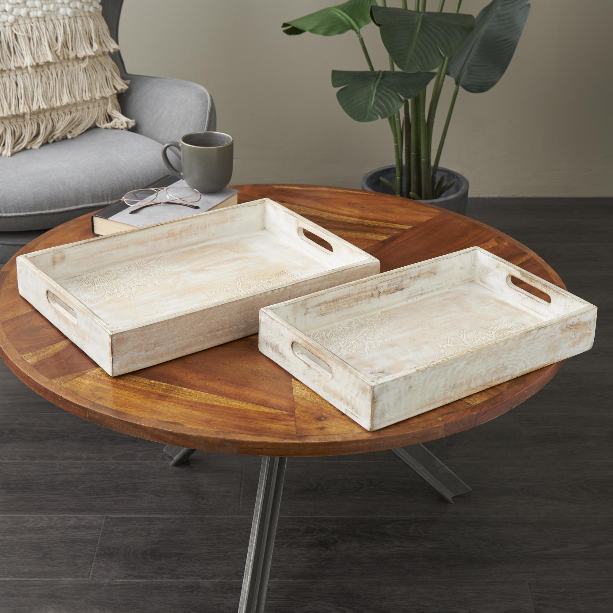 Set of 2 Cream Mango Wood Handmade Whitewashed Living Room Decor Tray with Carved Mandala Interior